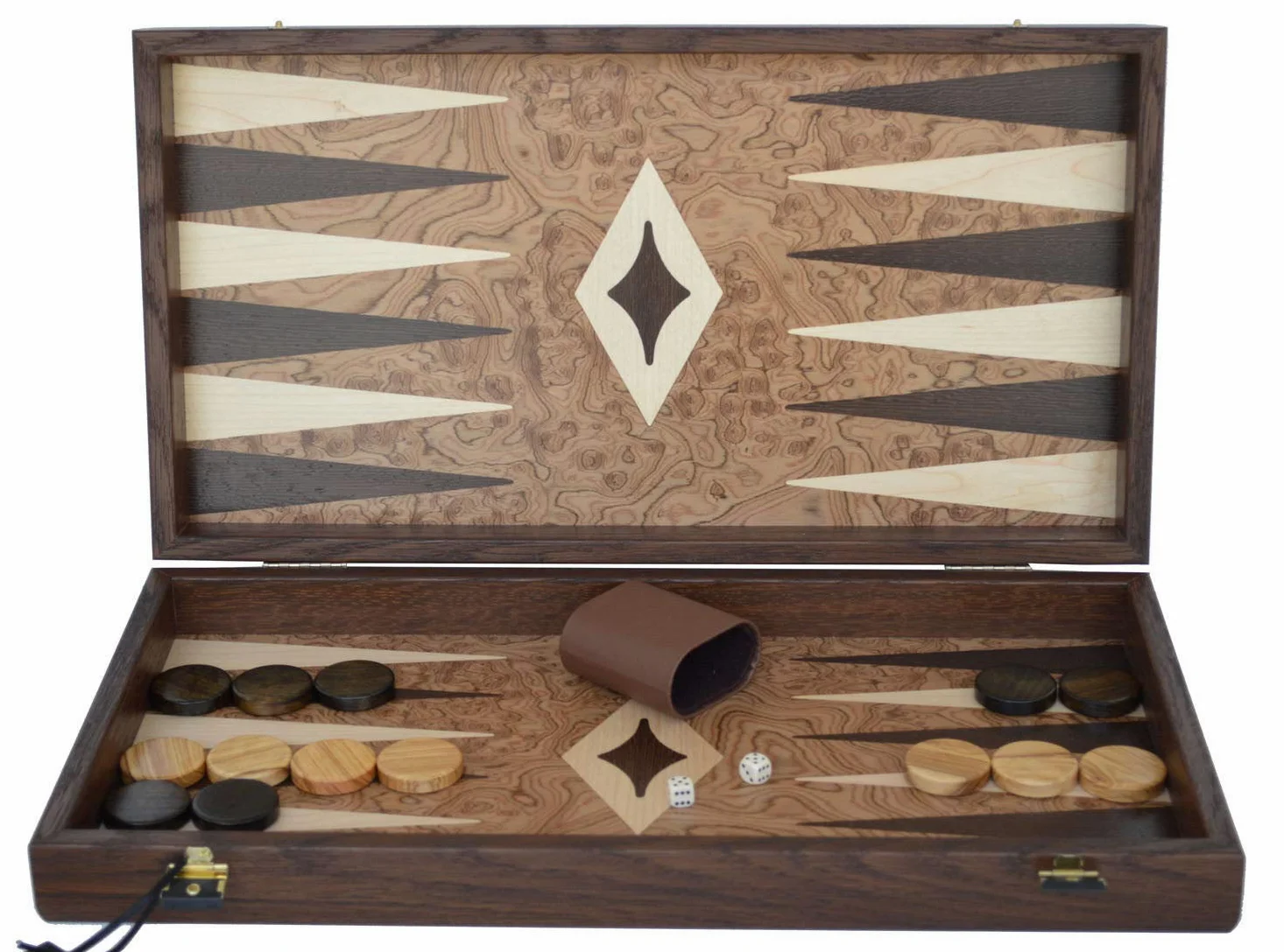 Manopoulos Walnut Burl Traditional 19" Backgammon Set - Olive Checkers