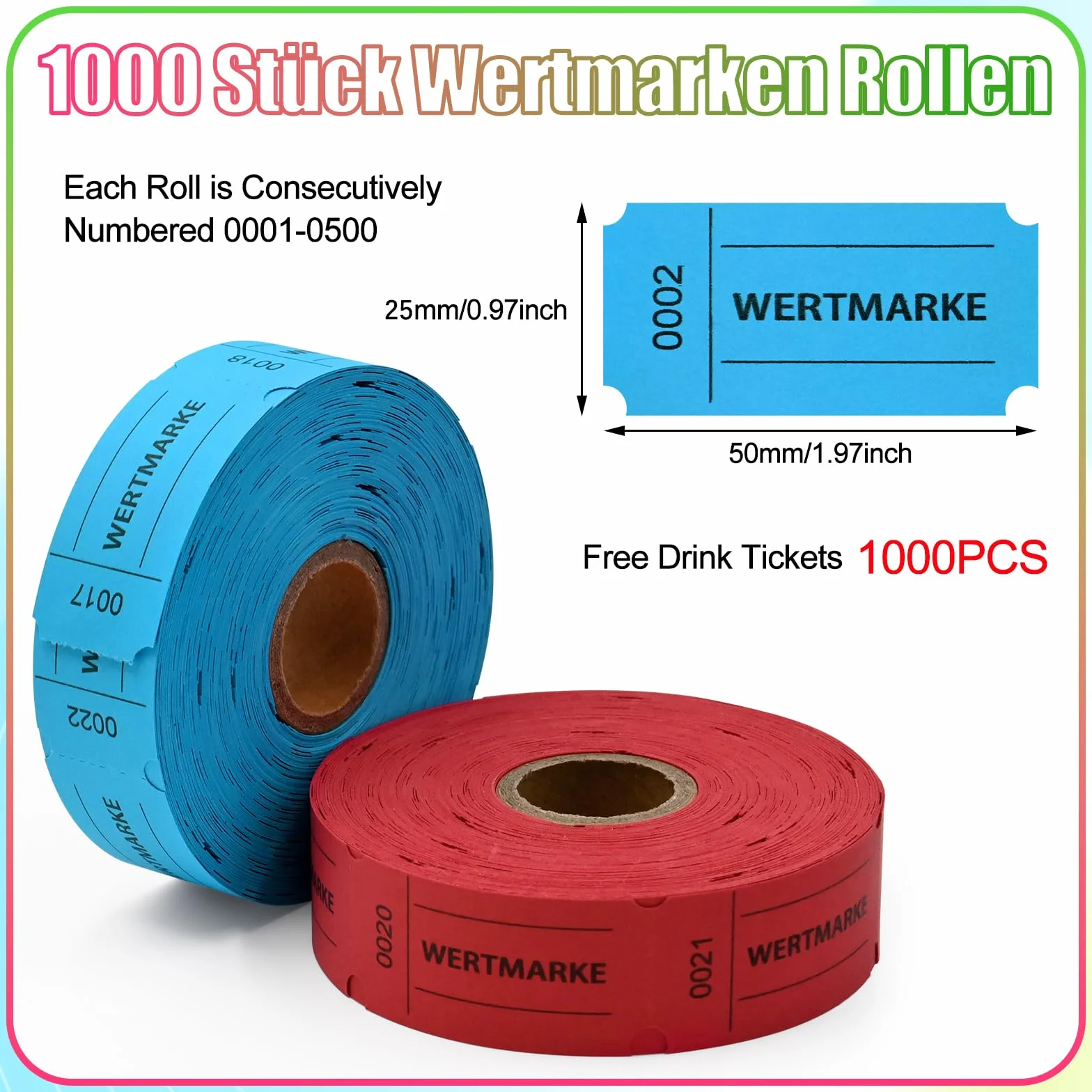 Ticket Tombola Numéroté 1000 Feuilles 50x50mm Déchirable Rouge Bleu
