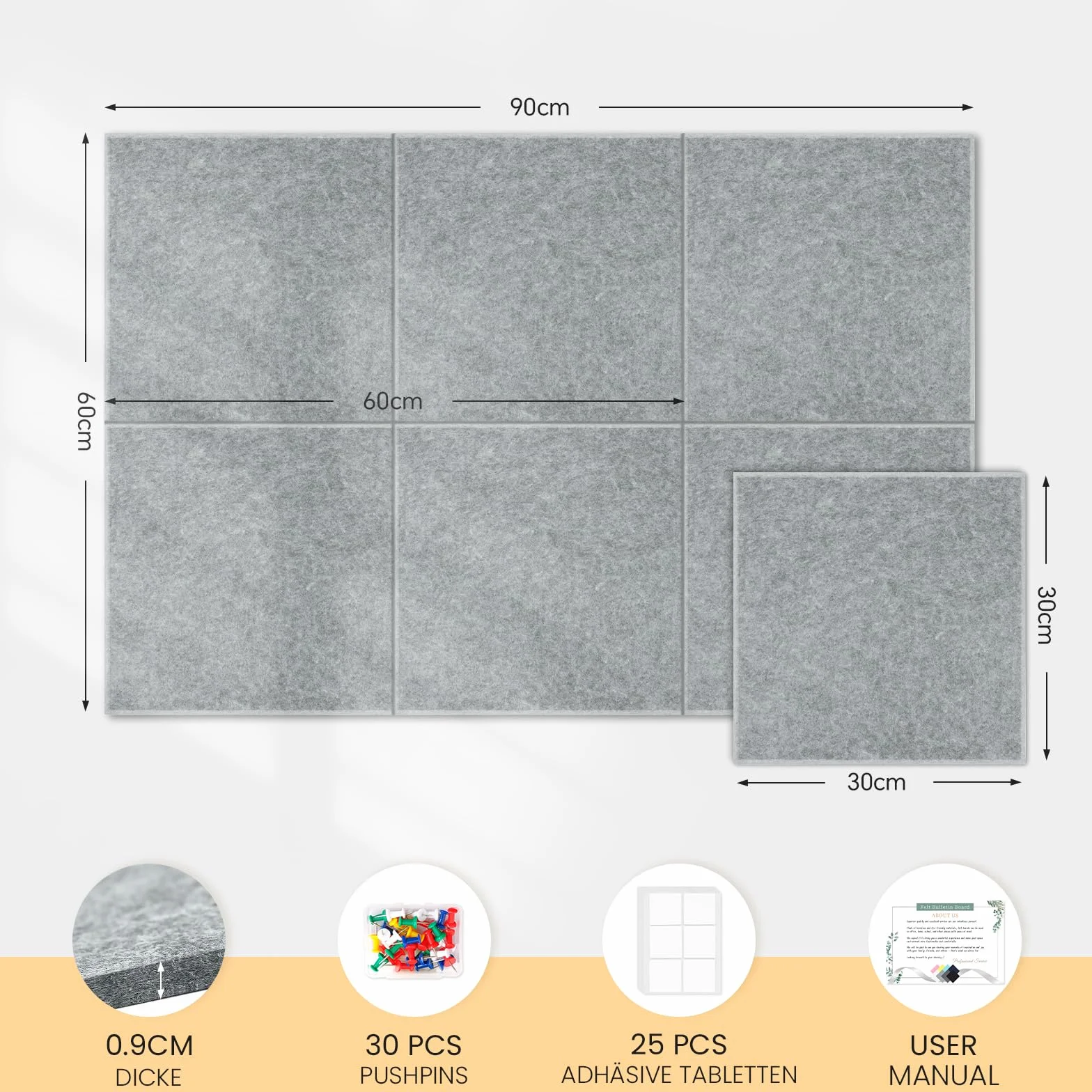 Lot de 6 tableaux d'affichage en feutre autocollant 90 x 60 cm gris clair avec 30 punaises