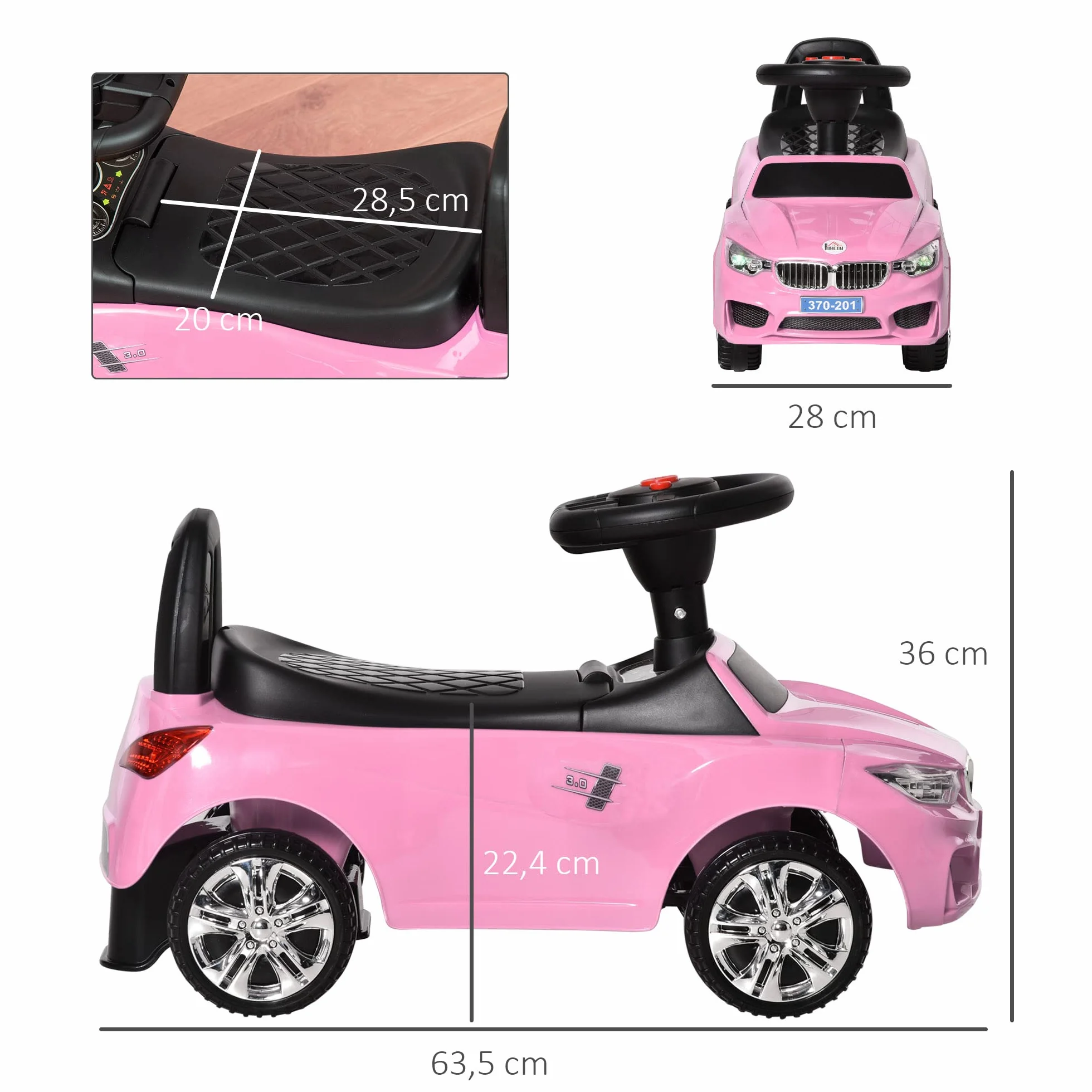 HOMCOM Voiture à Pousser Enfants avec Coffre à Jouets, Klaxon, Phares, Musique, 18-36 Mois, Rose