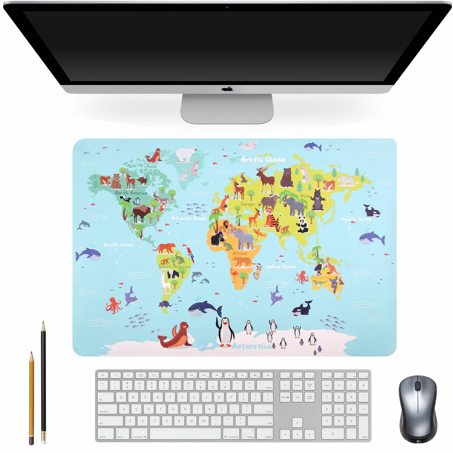 Sous-mains cuir PU Grand Tapis de souris Carte animée continents océans 60 x 40 cm
