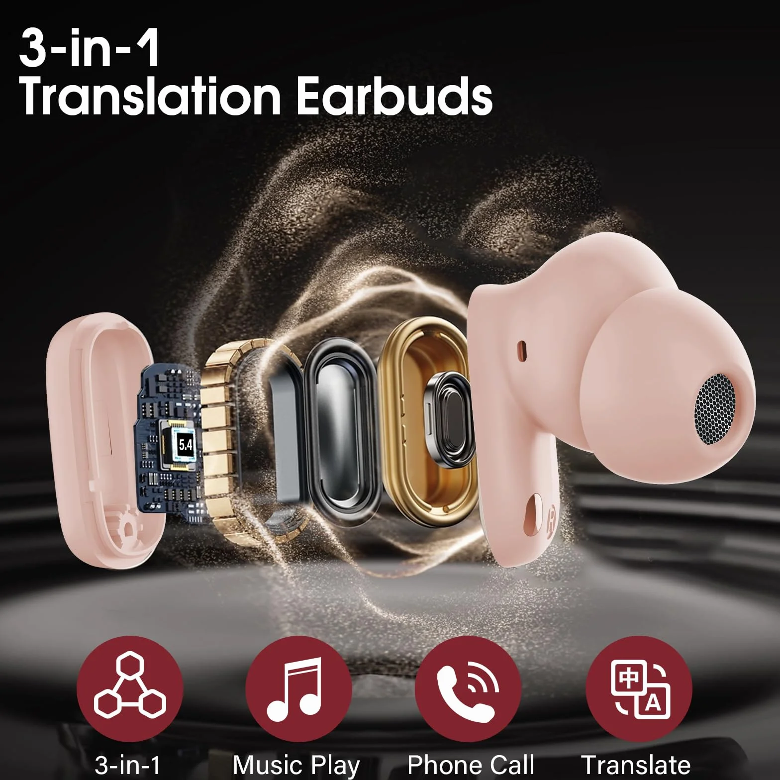 Ecouteur Traducteur Instantané Bluetooth 5.4 sans Fil 164 Langues 40 Heure 3 en 1 AI Traduction Vocale Rose