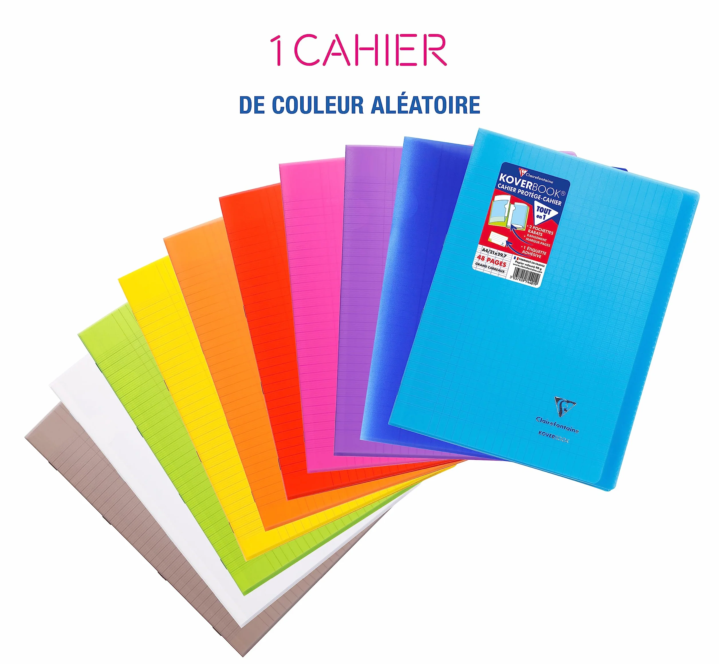 Clairefontaine Koverbook Cahier Agrafé A4 21x29,7 cm 48 Pages Grands Carreaux Papier Blanc 90 g Couverture Polypro
