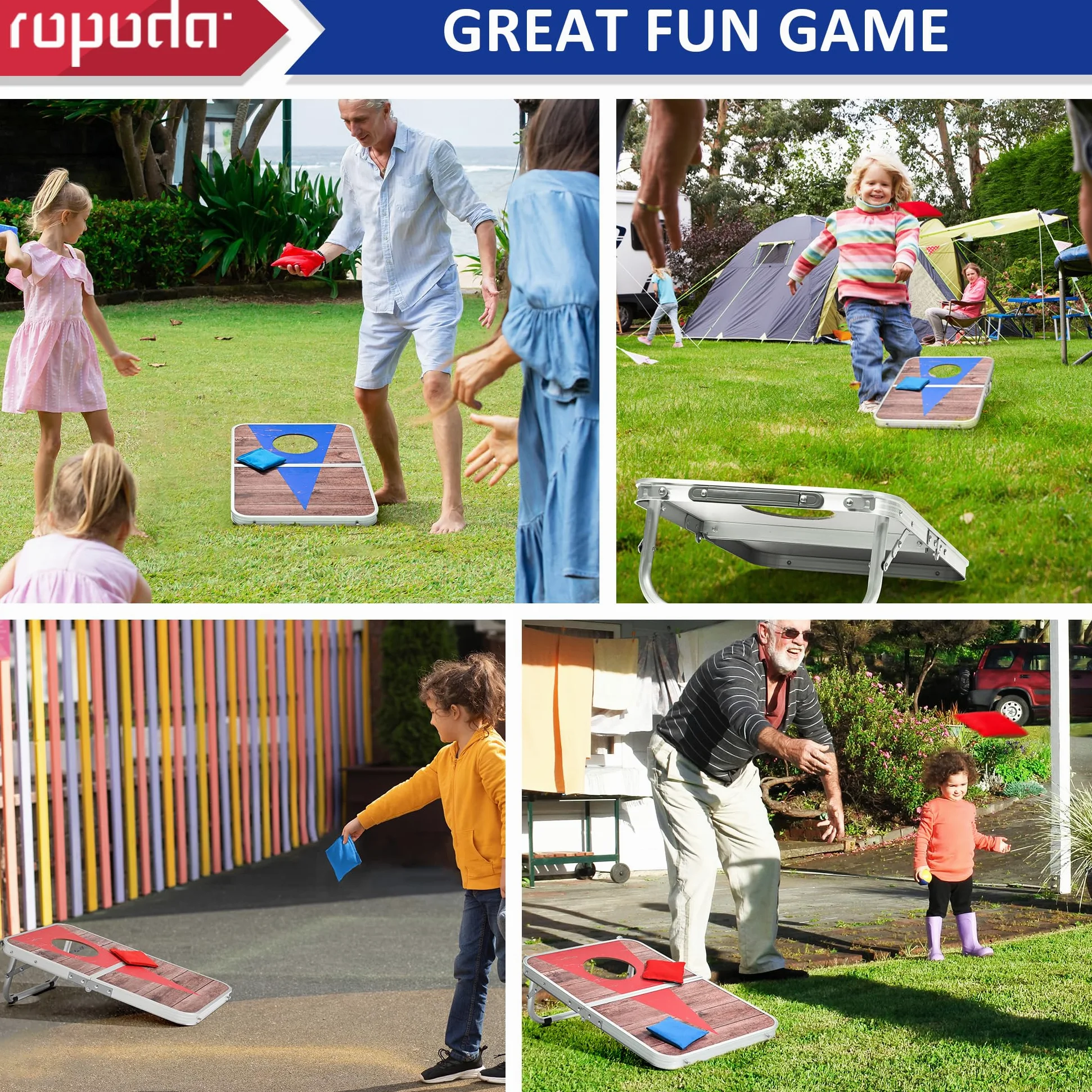 ROPODA Ensemble de Plateau Portable de 61 x 40,6 cm pour Adultes avec 8 poufs, Bordures en Alliage d'aluminium léger pour Jeux de Plein air, Plage et hayon.