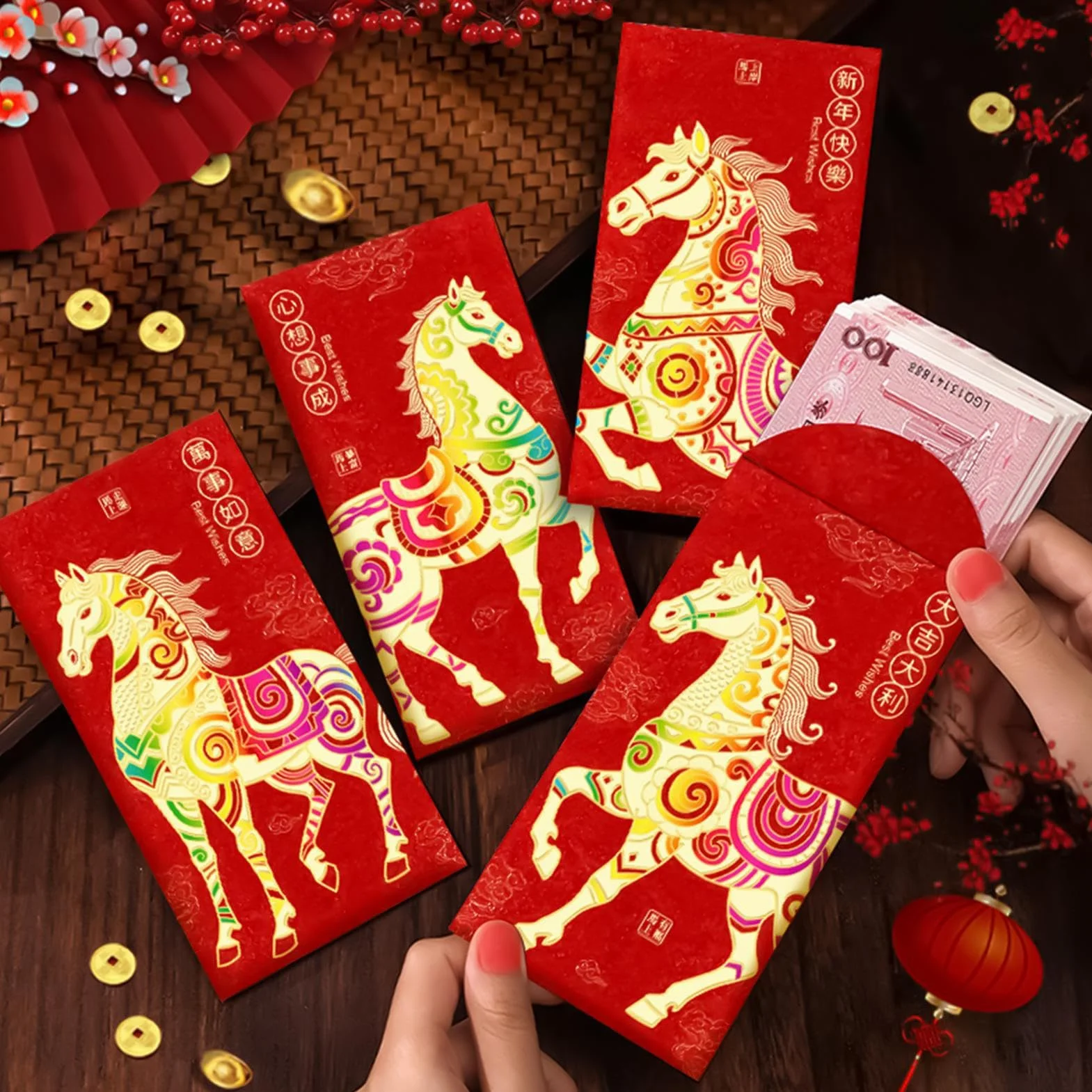 Enveloppe Rouge Chinoise Nouvel An Chinois 6 Pièces Grand 2026 Paquet Argent Rouge Feuille Année Cheval