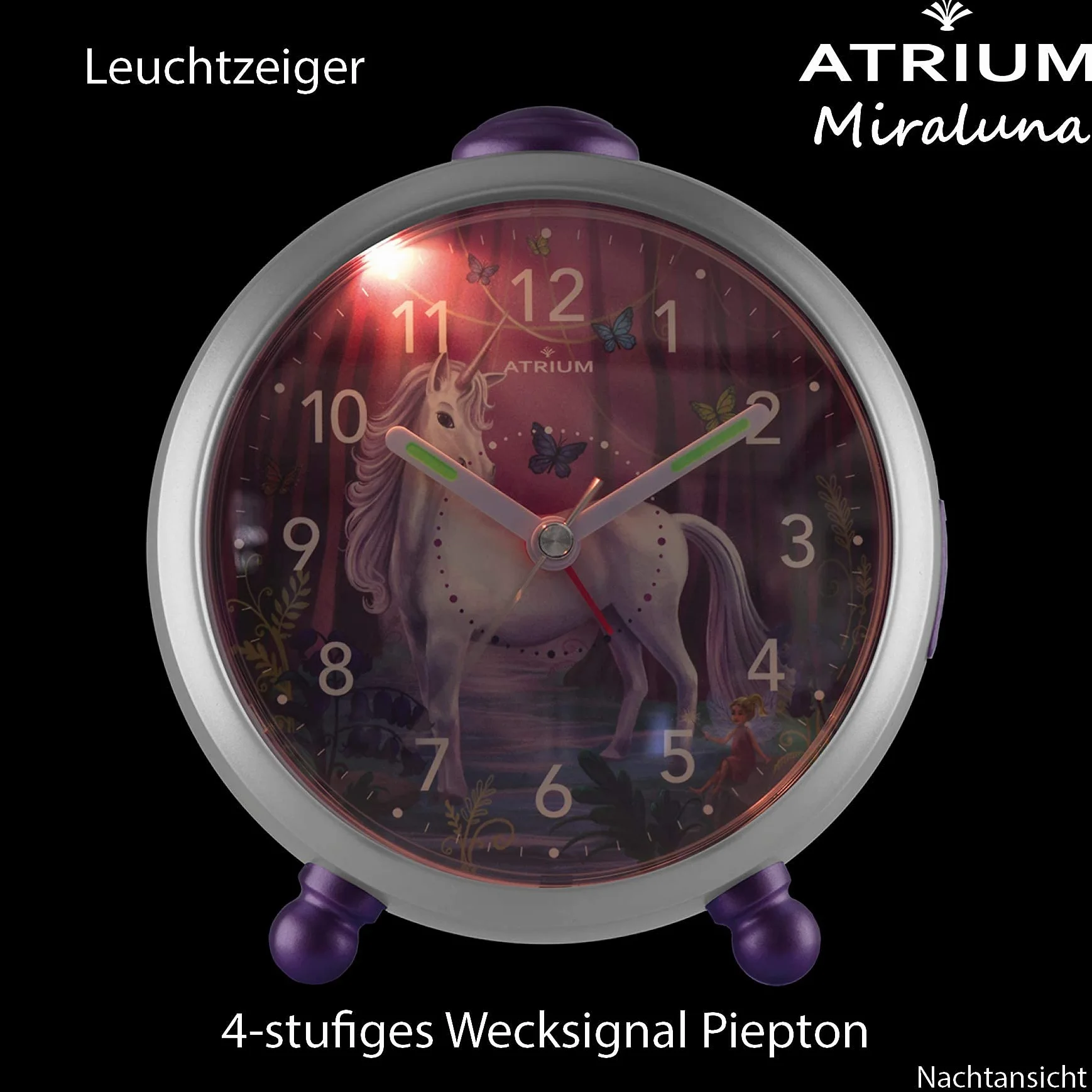 Atrium Miraluna A932-0 Réveil enfant fée licorne quartz lumineux snooze blanc