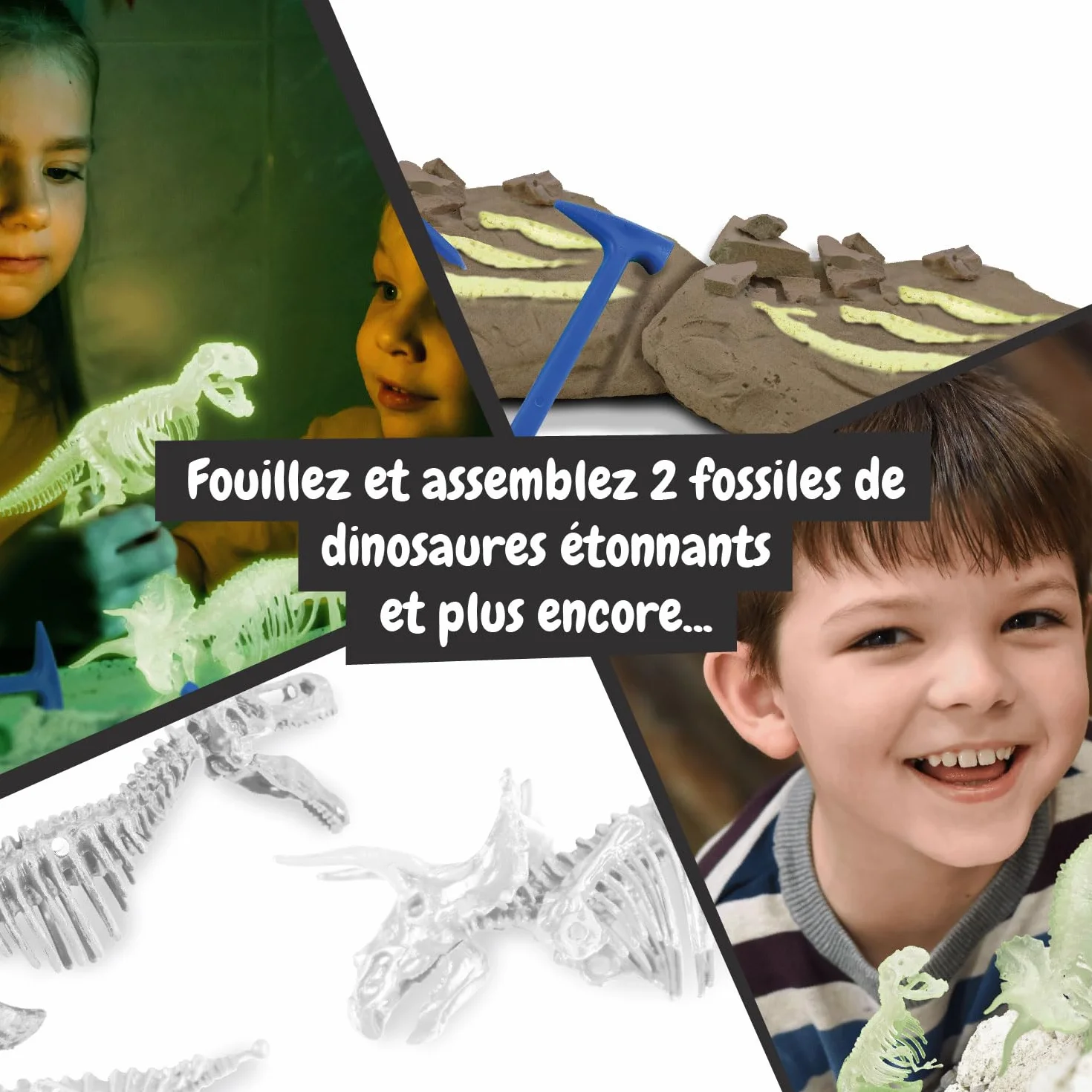 Science4you Kit de Fouille de Fossiles 2 en 1 - Excaver et Assembler 2 Dinosaures Qui Brille dans l'Obscurité, 22 pièces: T-Rex et Triceratops