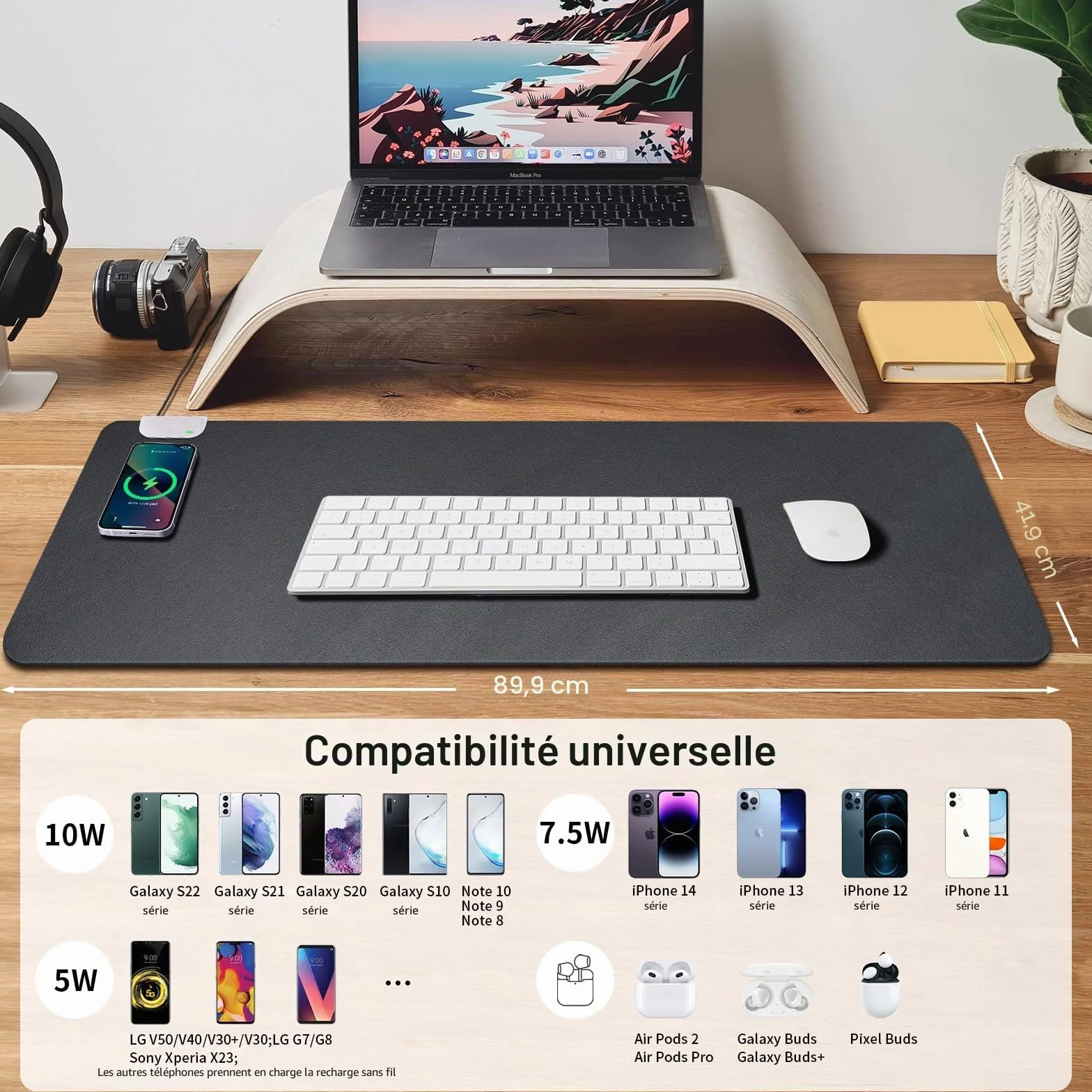 GORESE Sous-main Bureau en Cuir PU avec Charge rapide sans fil 10W, Tapis Bureau Tapis de Souris étanche antidérapant 90x42 cm Noir