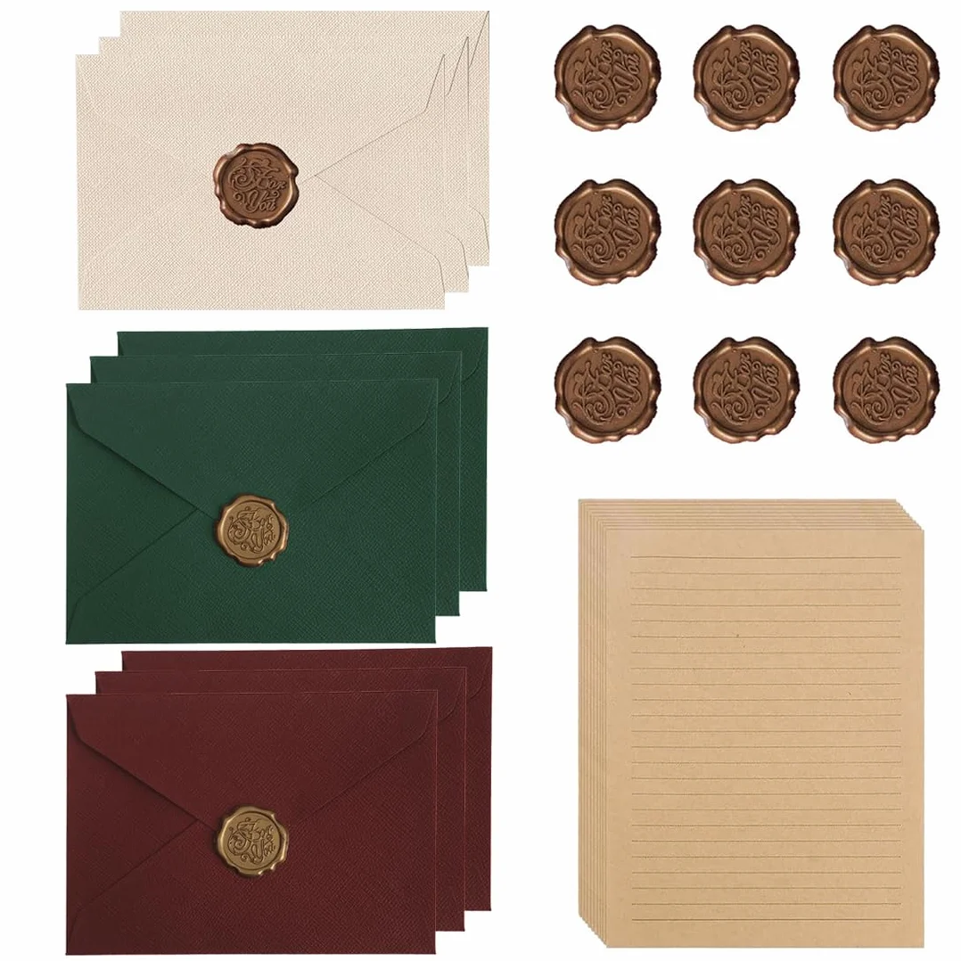 Ensemble de Papeterie Vintage 38 Pièces avec Enveloppes Papier Lettre Kraft et Autocollants Sceau en Cire