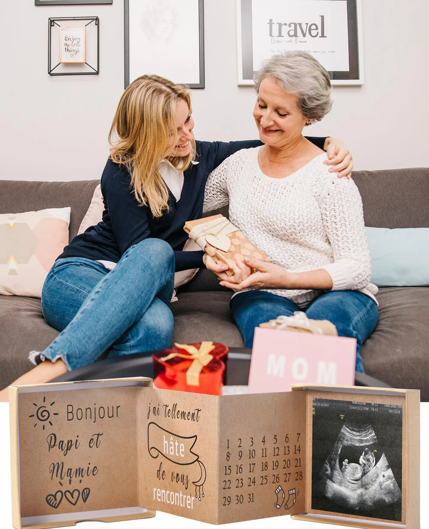 Carte Dépliante Surprise Annonce Grossesse Future Grand-Parents avec Photo Échographie Calendrier Naissance