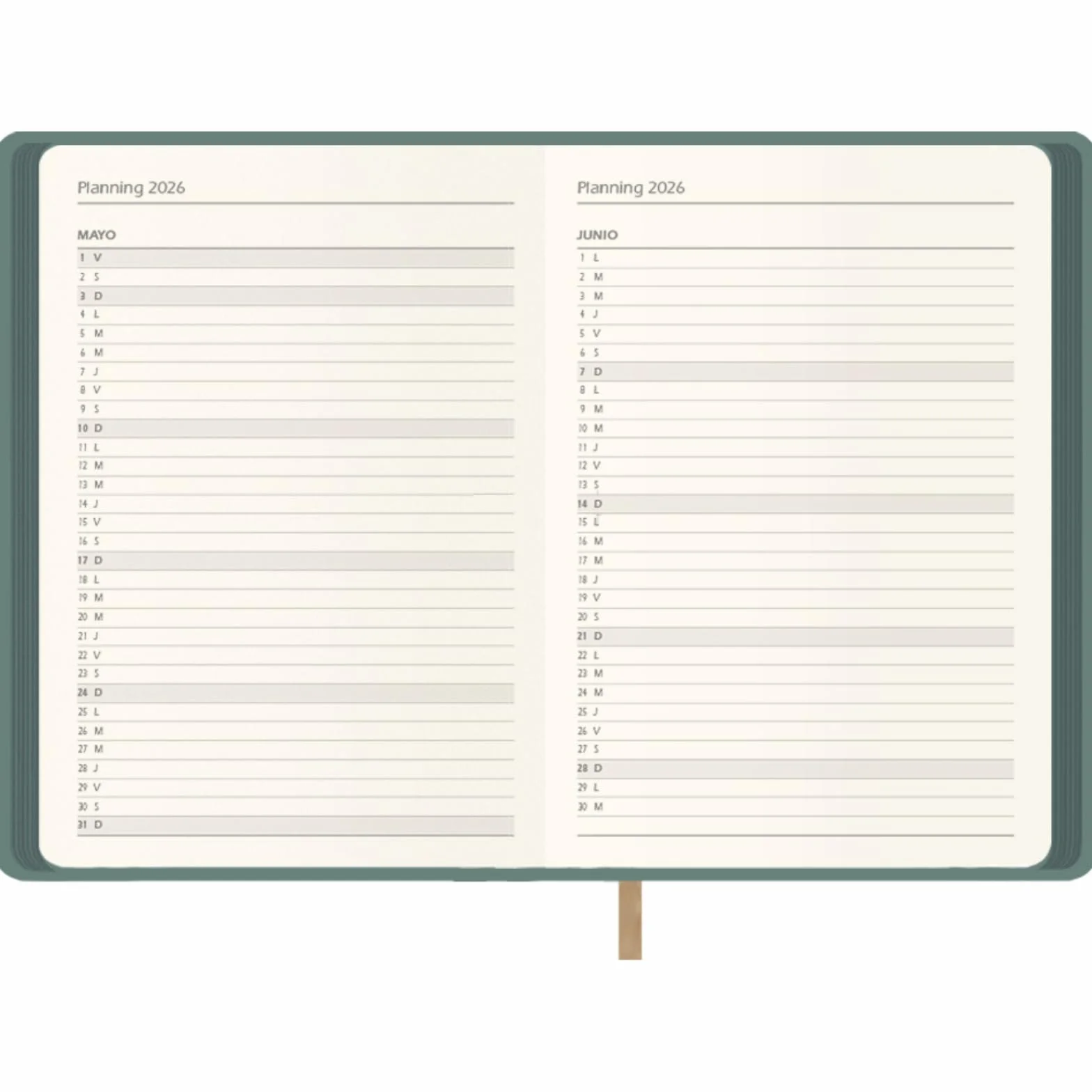 Agenda 2026 Jour par Page A5 Couverture Flexible Similicuir Planificateur Annuel Espagnol Hanoï Vert