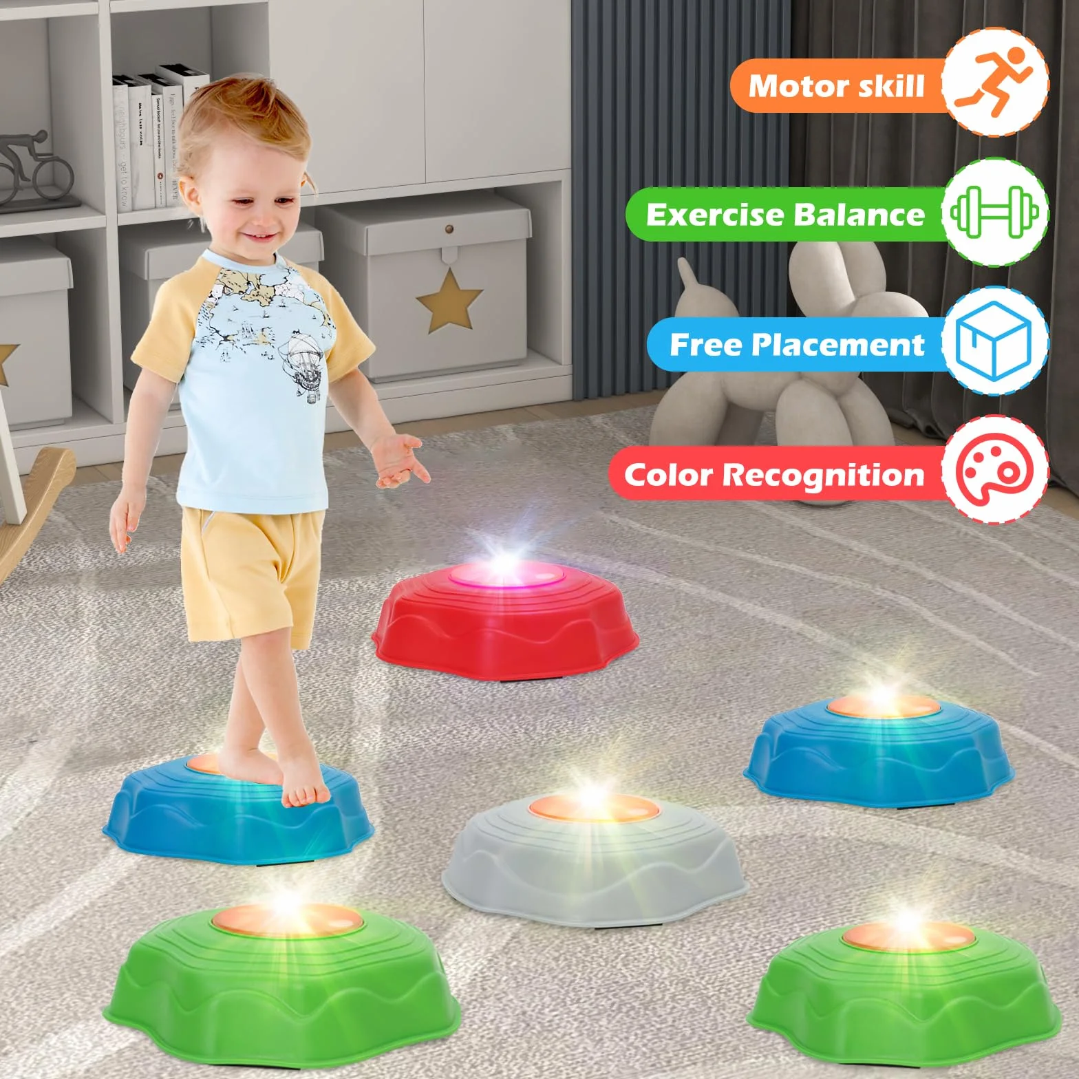 Pierre d'équilibre Enfants Lumières Musique Lot de 6 Antidérapantes Parcours Motricité Sensoriel Intérieur Extérieur