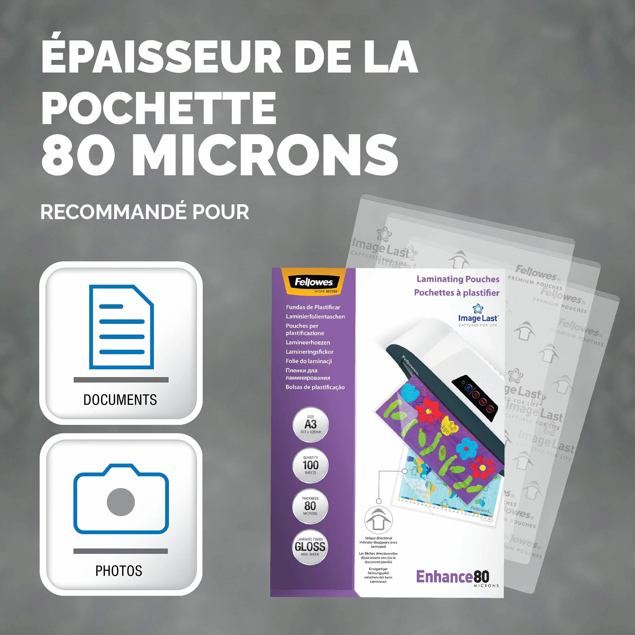 Fellowes Pochette Plastification 80 Microns A3 Pack 100 Feuilles Finition Brillante
