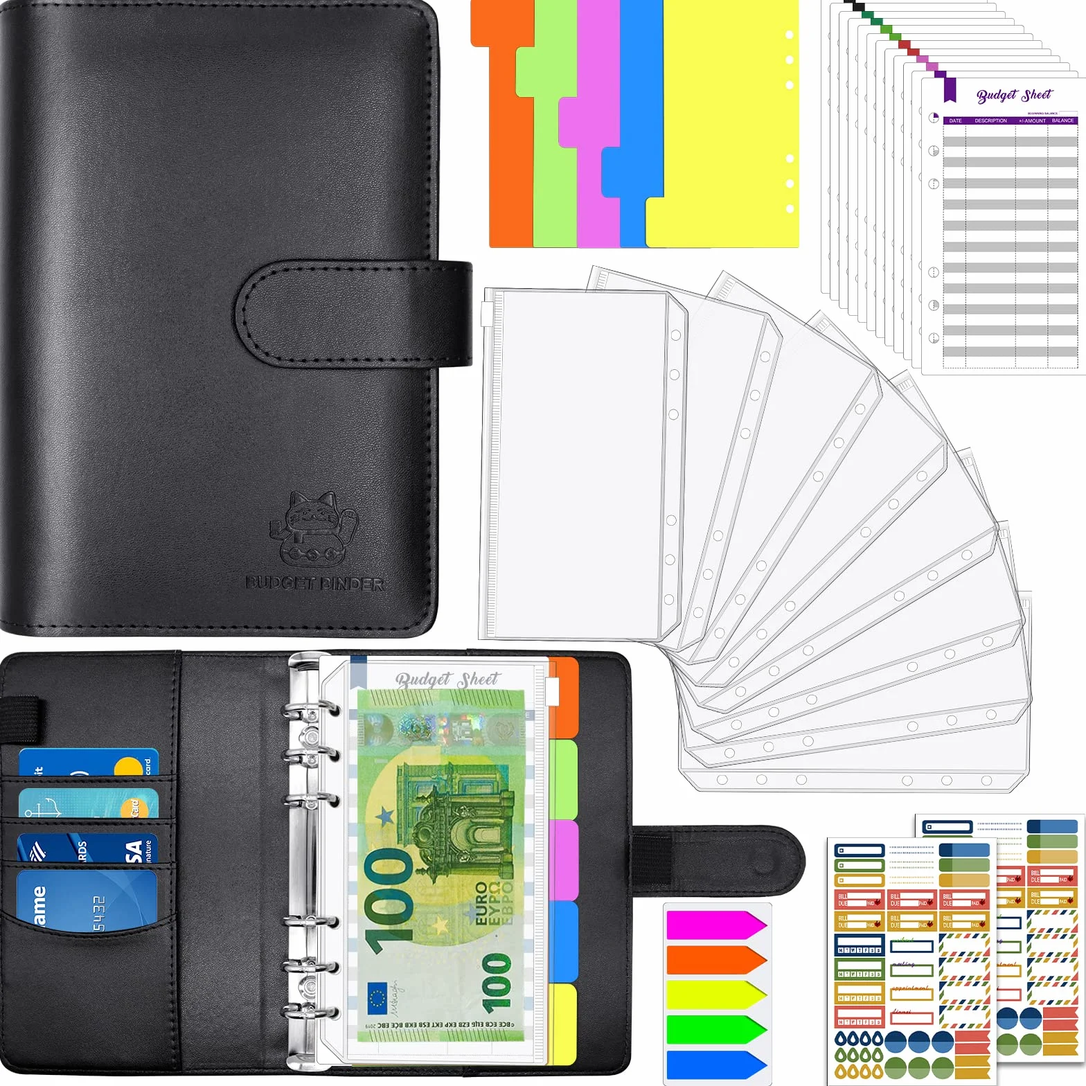 Carnet Enveloppe Budget A6 avec Pochette PVC Zippée, Stickers et Fermeture Magnétique (Noire)