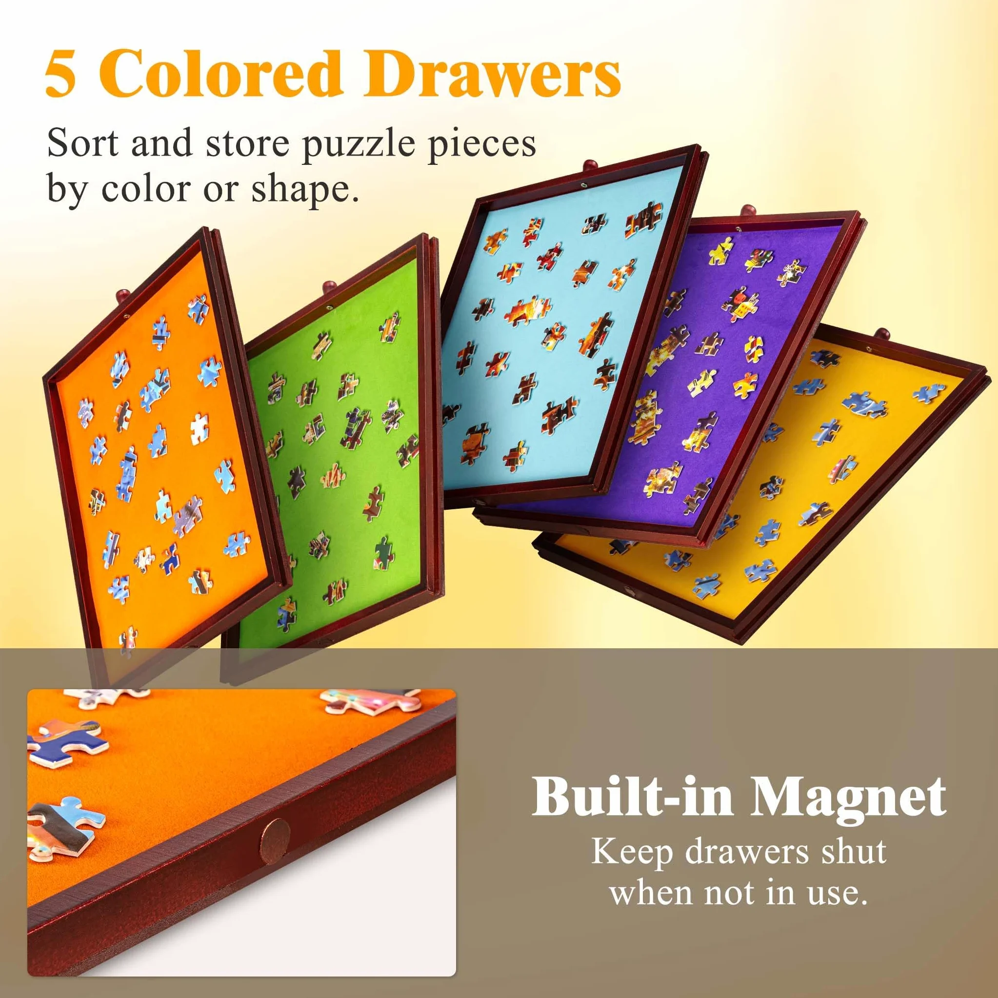 Table puzzle de 1500 pièces avec 5 tiroirs et couvercle, plateau puzzle inclinable sur roulettes, 3 angles d'inclinaison et réglage de la hauteur, porte-gobelet et support pour boîte à