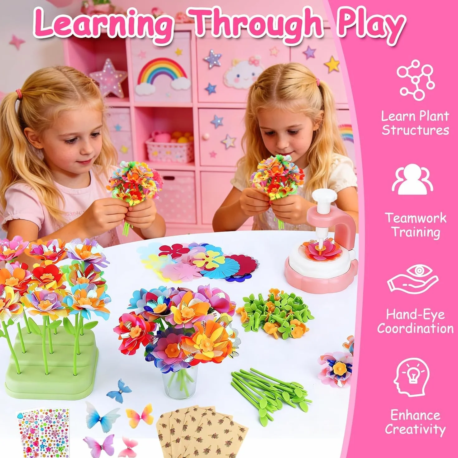 TOSUTO Kit Fabrication de Fleurs Tissu, Création Bouquet Fleurs, Jeux Educatif Enfant 3+ Ans - Rose
