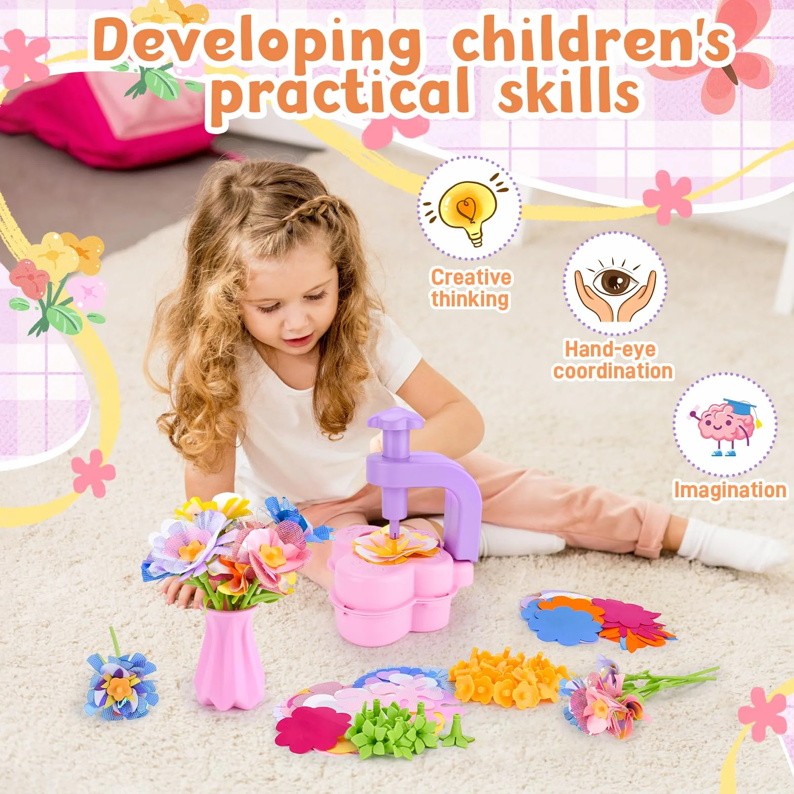 YUTUY Kit Bricolage Floral Enfant avec Machine à Fleurs et Vase, Jouet Fleurs Fille 3-9 Ans