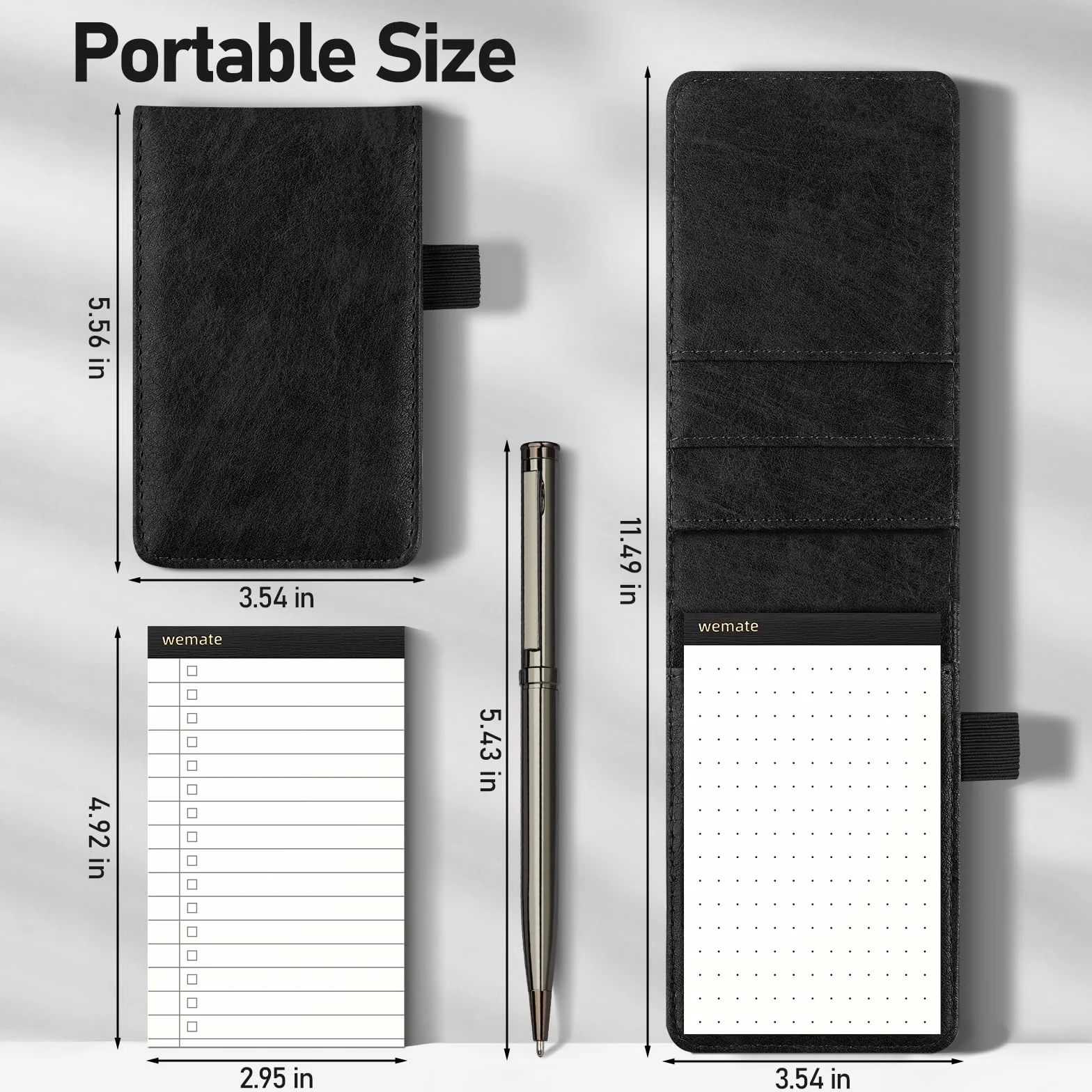 WEMATE 10 pièces Cuir PU Carnet de Poche Bloc Note avec recharges et stylo bille métal Noir
