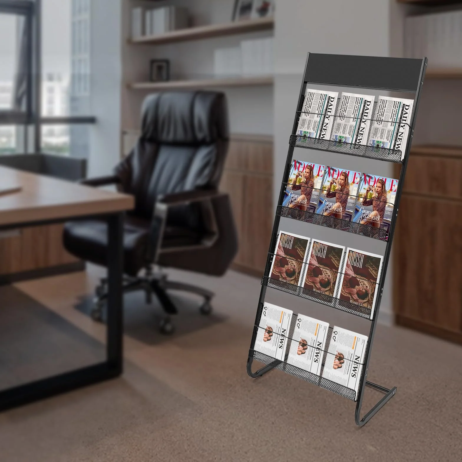 Présentoir à Brochures 4 Niveaux Portable Support de Magazine sur Pied