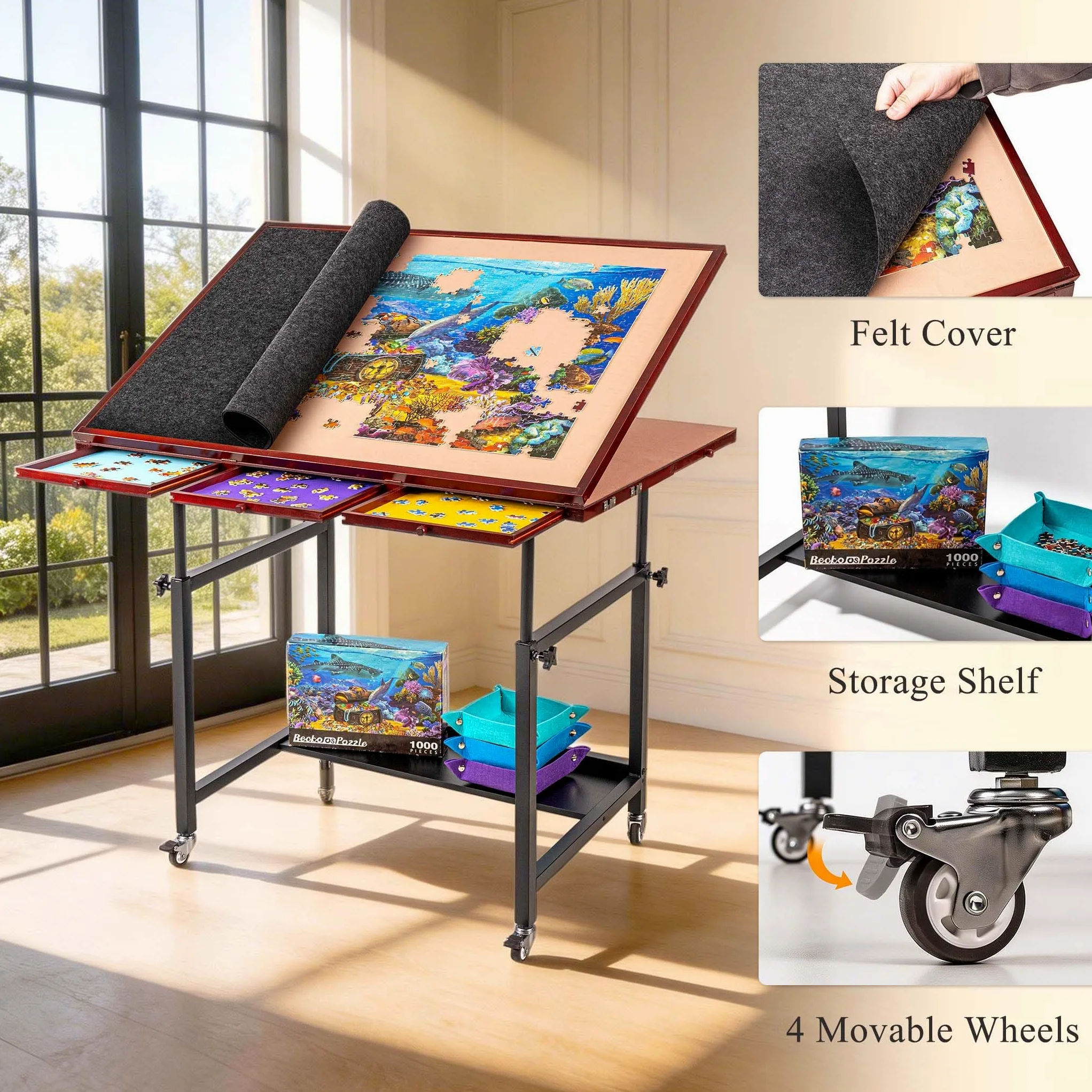 Table puzzle de 1500 pièces avec 5 tiroirs et couvercle, plateau puzzle inclinable sur roulettes, 3 angles d'inclinaison et réglage de la hauteur, porte-gobelet et support pour boîte à