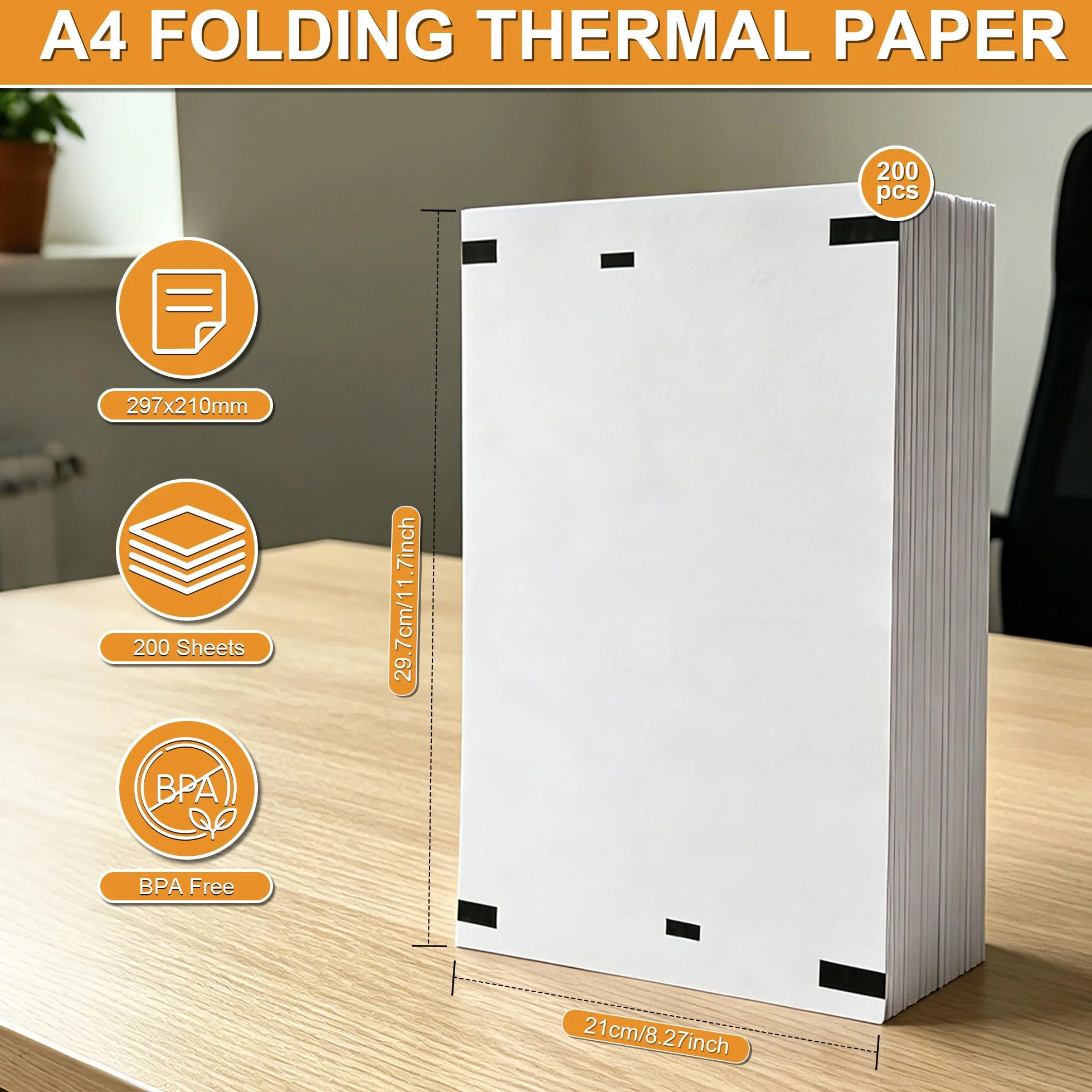 Thermopapier A4 200 Blatt, 210 x 297mm, BPA-frei, Kompatibel mit Thermodruckern