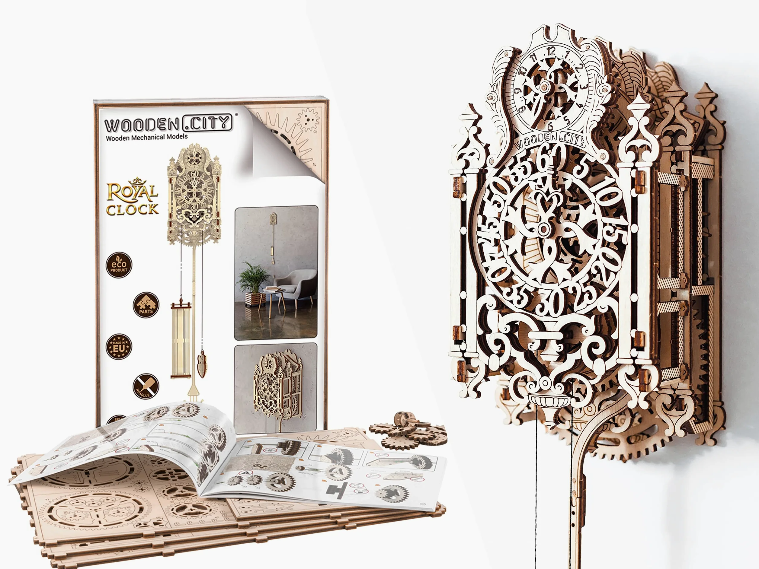 WOODEN.CITY Kit d'Horloge en Bois 3D avec Horloge Royale - Puzzle 3D Adulte, Casse Tete, Maquette en Bois à Construire, Cadeau Cadeau pour Mari, Partenaire, Collègue, Loisir Créatif, 126 Pièces