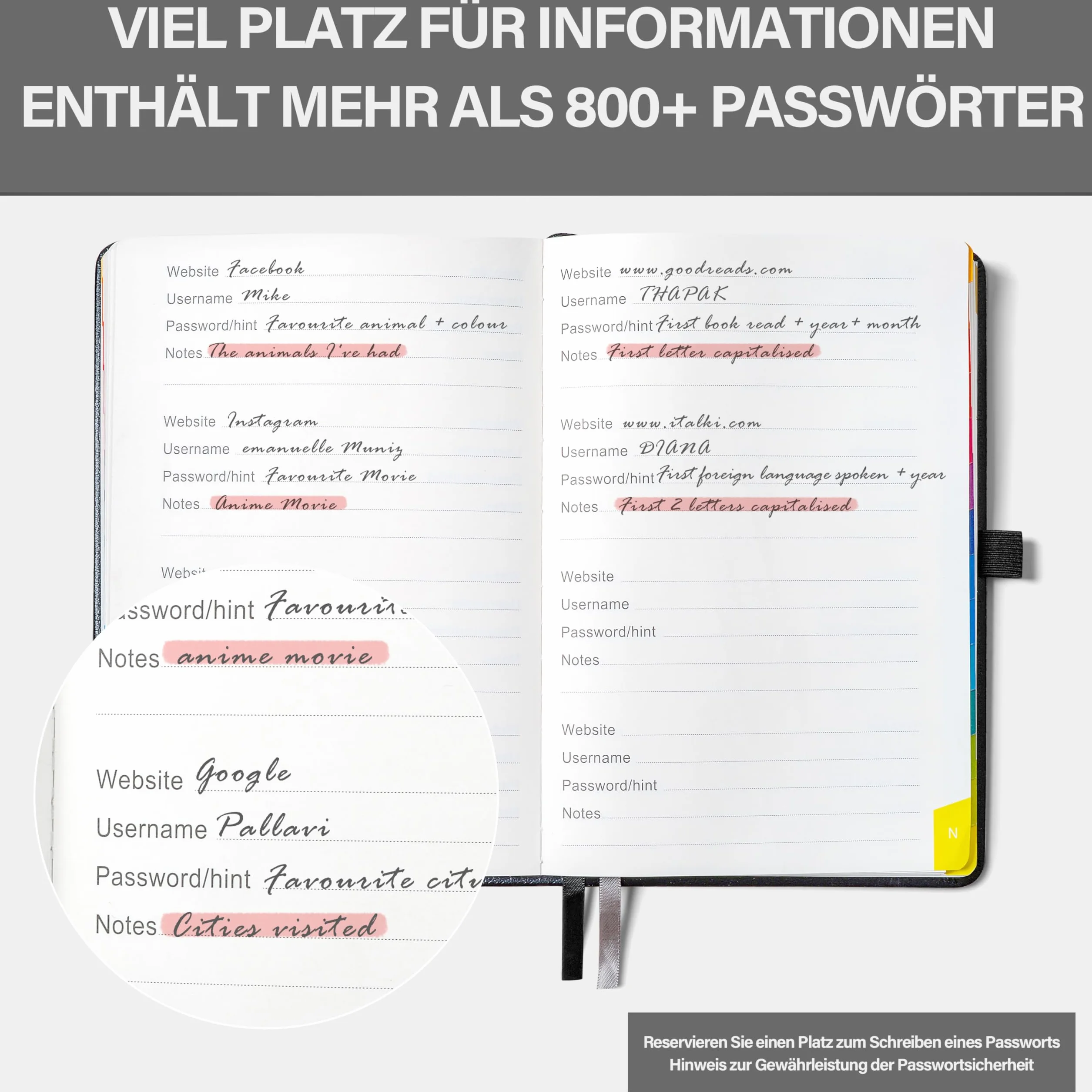 Carnet de mot de passe avec onglets alphabétiques, couverture rigide, collection mots de passe Internet