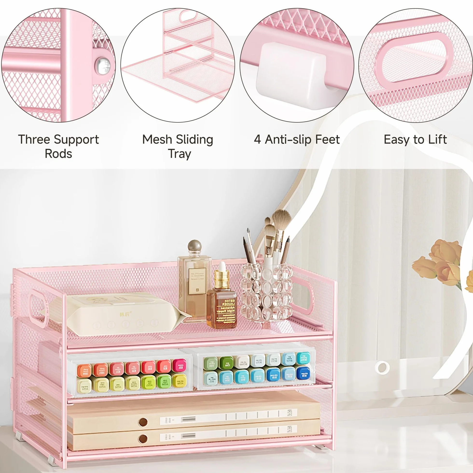 VITVITI Organiseur de Bureau 3 Étages avec Poignée, Pochette A4, Rangement Treillis Métallique Rose