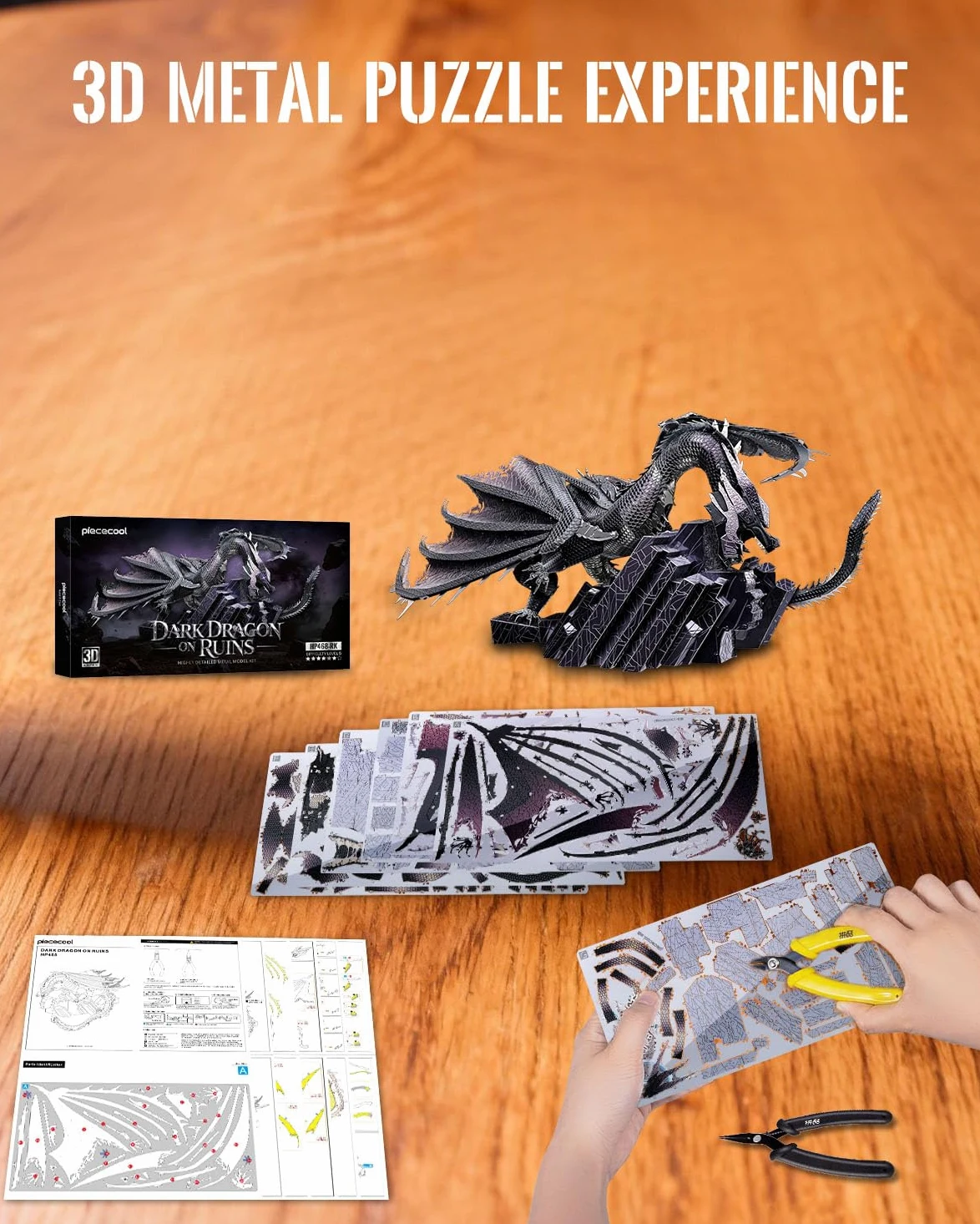 Piececool Casse-tête 3D en métal pour adultes, motif dragon foncé sur les ruines, décoration de bureau, excellent cadeau d'anniversaire et de Nouvel An pour hommes et adolescents de 16 ans et plus