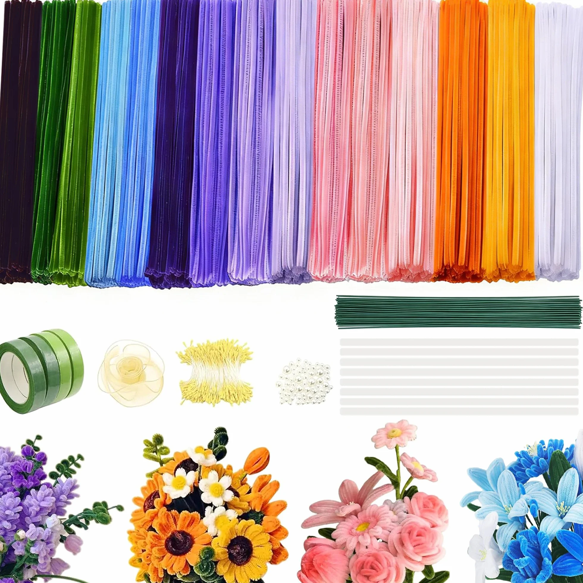 Kit Complet Fleurs en Fils Chenille 850 Cure-Pipes 15 Couleurs avec Étamines Artificiel pour Décoration DIY
