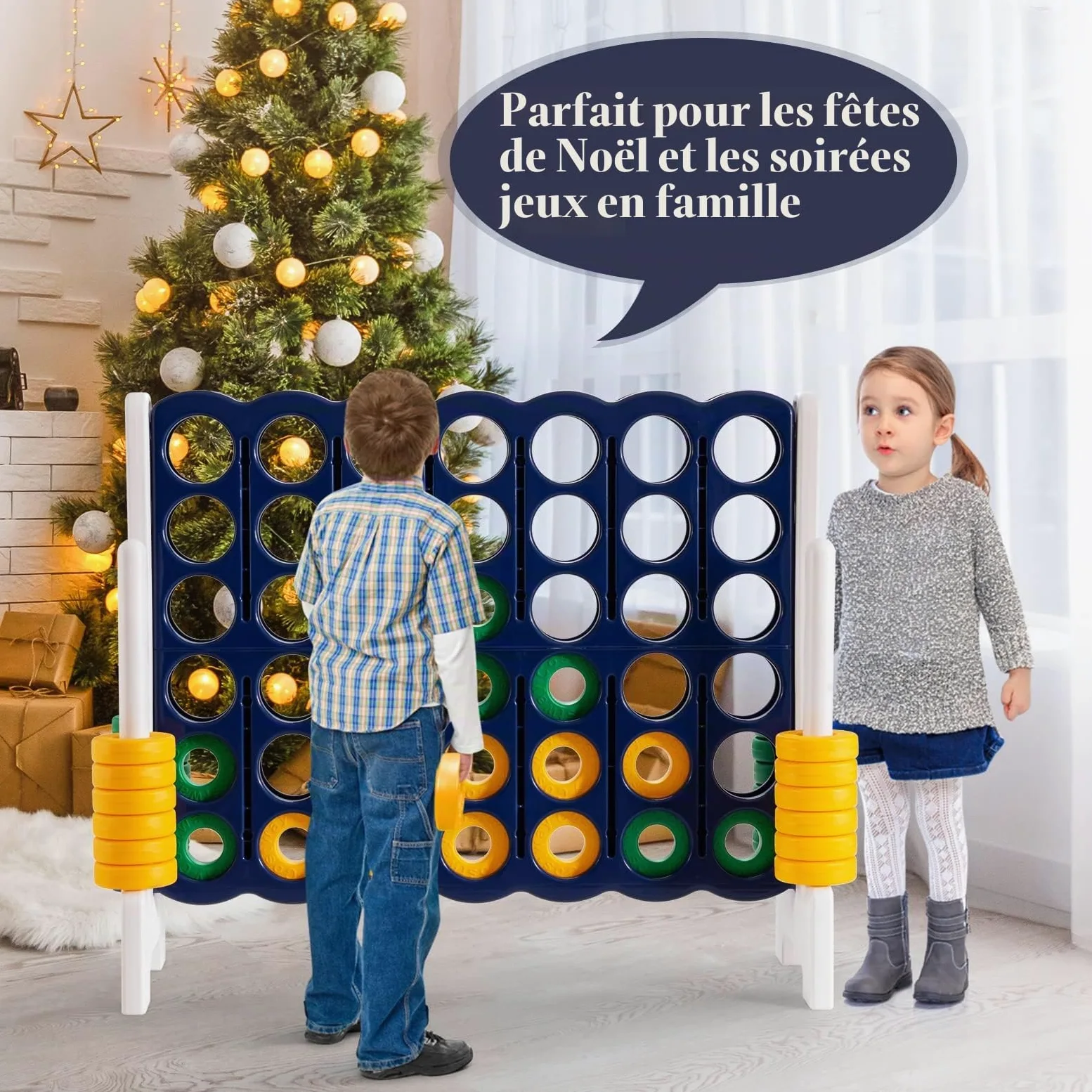 HOMASIS jeu Énorme de 4 en raye, stratégie avec 42 anneaux & curseur, jouet en ligne pour enfants et adultes en plein air (blanc)
