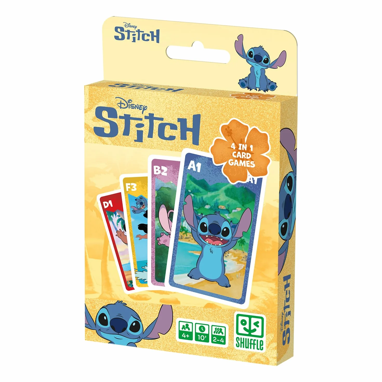 Shuffle Jeu de Cartes 4 en 1 Stitch - 7 Familles, Bataille, Mémo et Action - Disney Lilo & Stitch pour Enfants dès 4 Ans