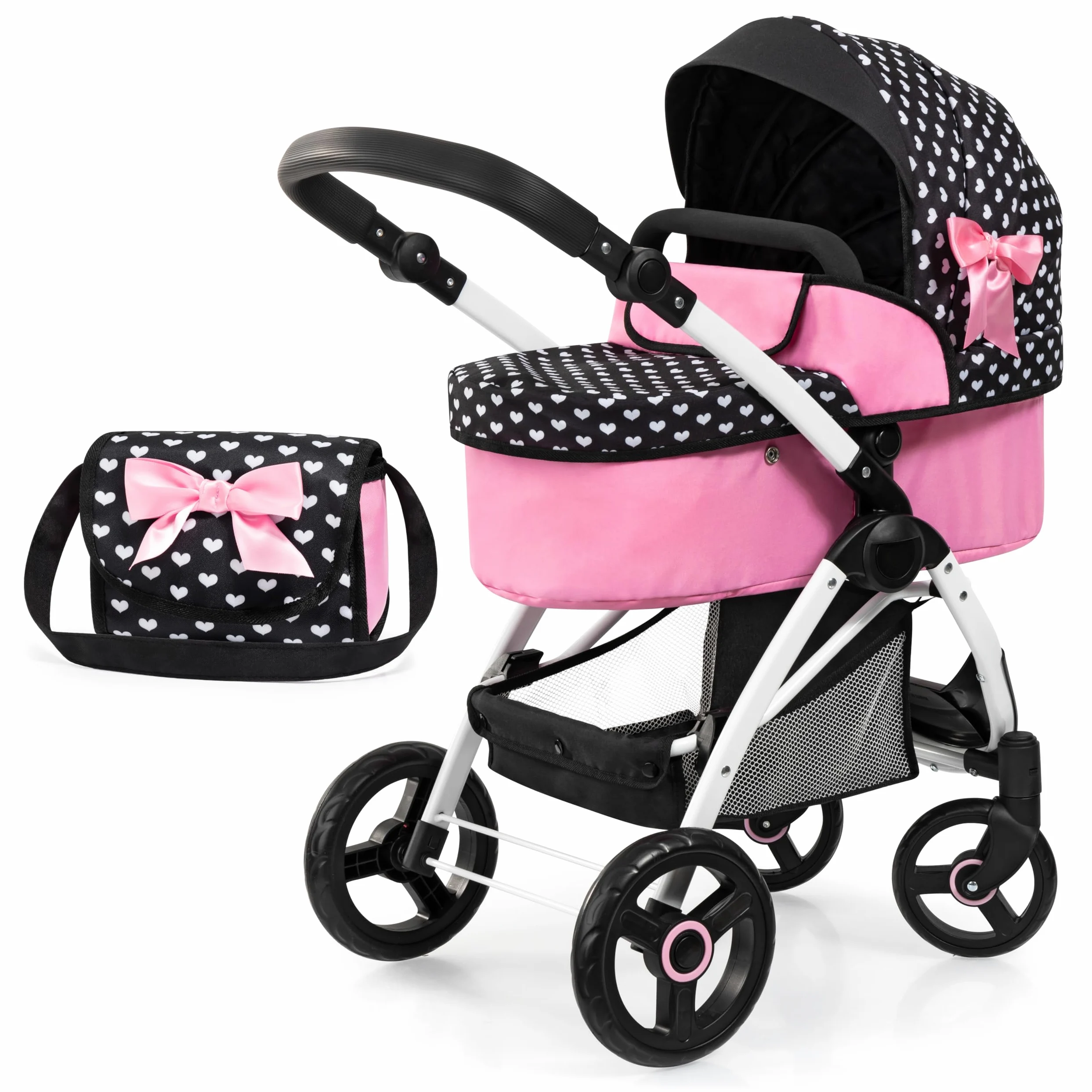 Bayer Design 17560AA Landau de poupée City Max avec Sac, réglable en Hauteur, Roues Avant pivotantes, Transformable en Poussette Canne, Panier intégré, Noir, Rose | réglable en hauteur, roues avant pivotantes, transformable en poussette canne, panier inté