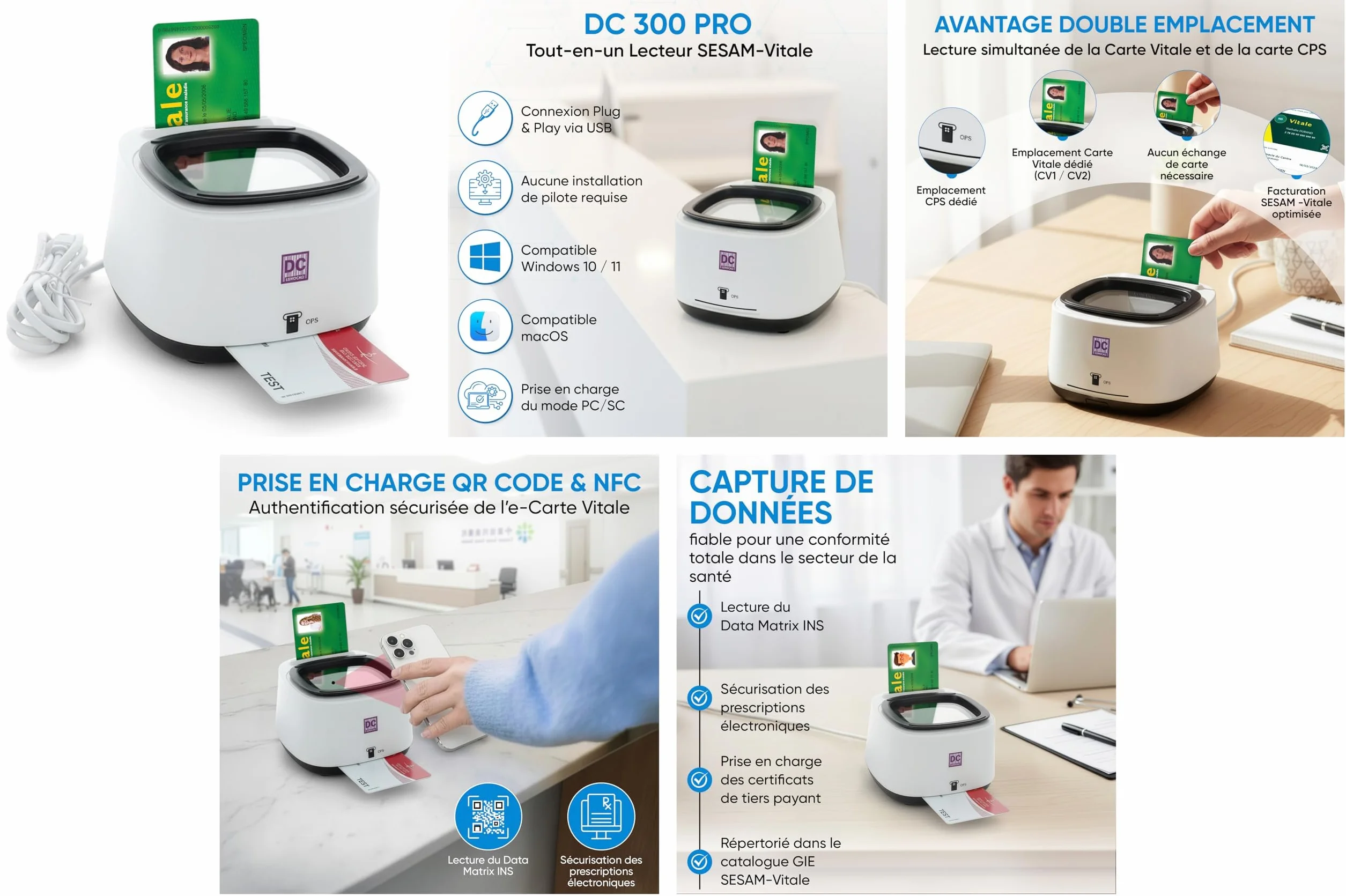 DC300 Pro Lecteur 4 en 1 QRCODE NFC 2 Fentes Carte Vitale et CPS Sesam Vitale USB Windows