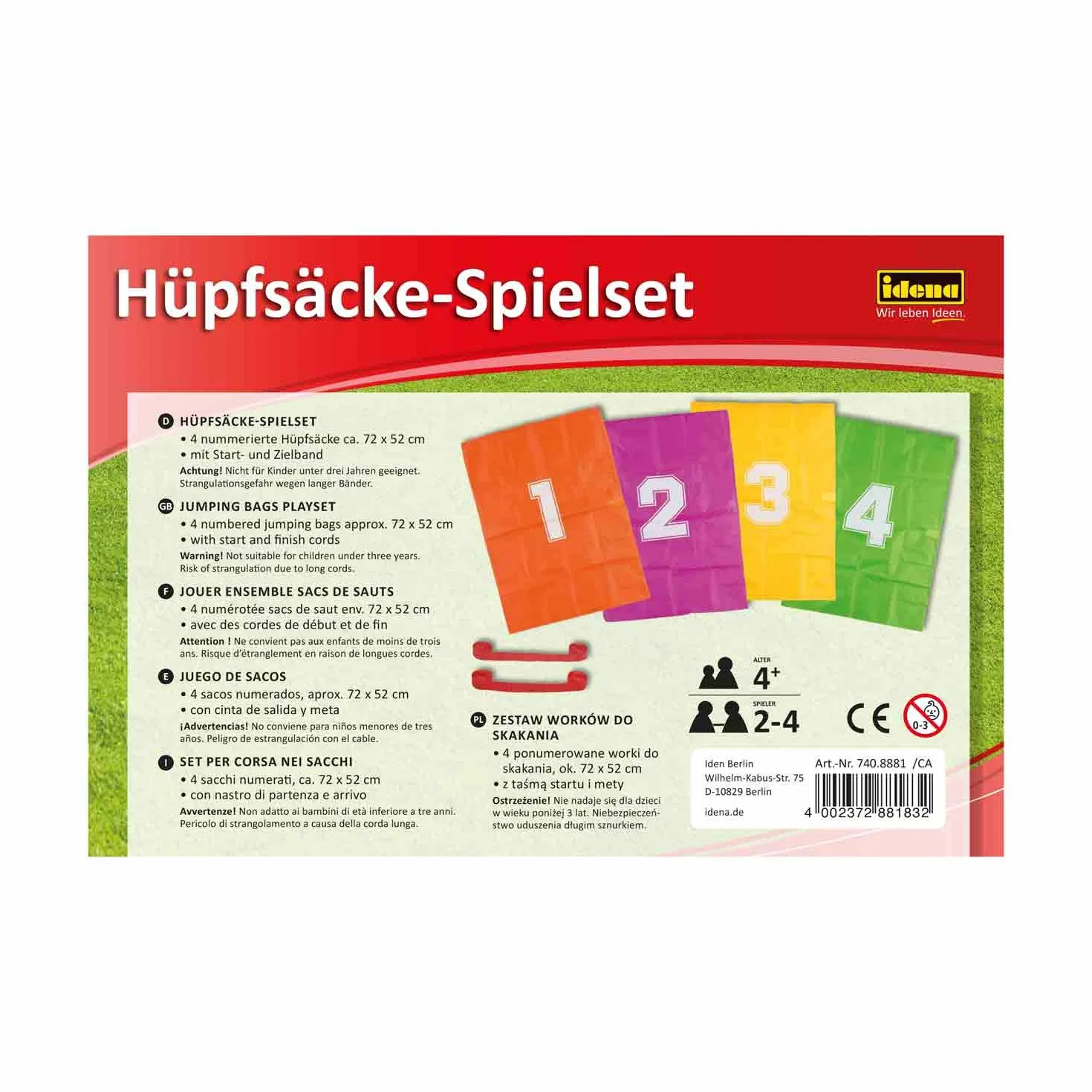 Idena Jeu de sacs gonflables 4 sacs avec ruban départ arrivée fêtes sport