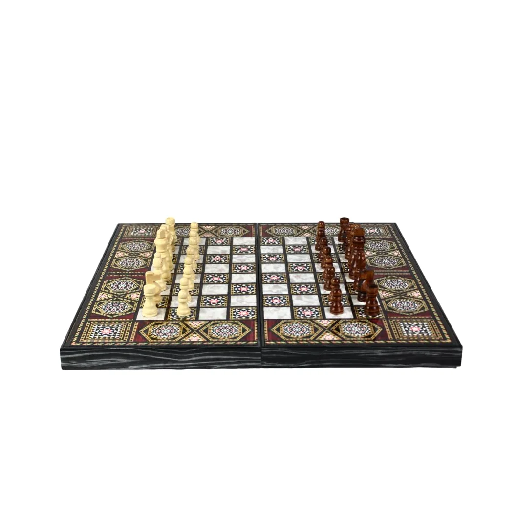Jeu d'échecs et de Backgammon Manopoulos en Bois Mother of Pearl 19 Pouce