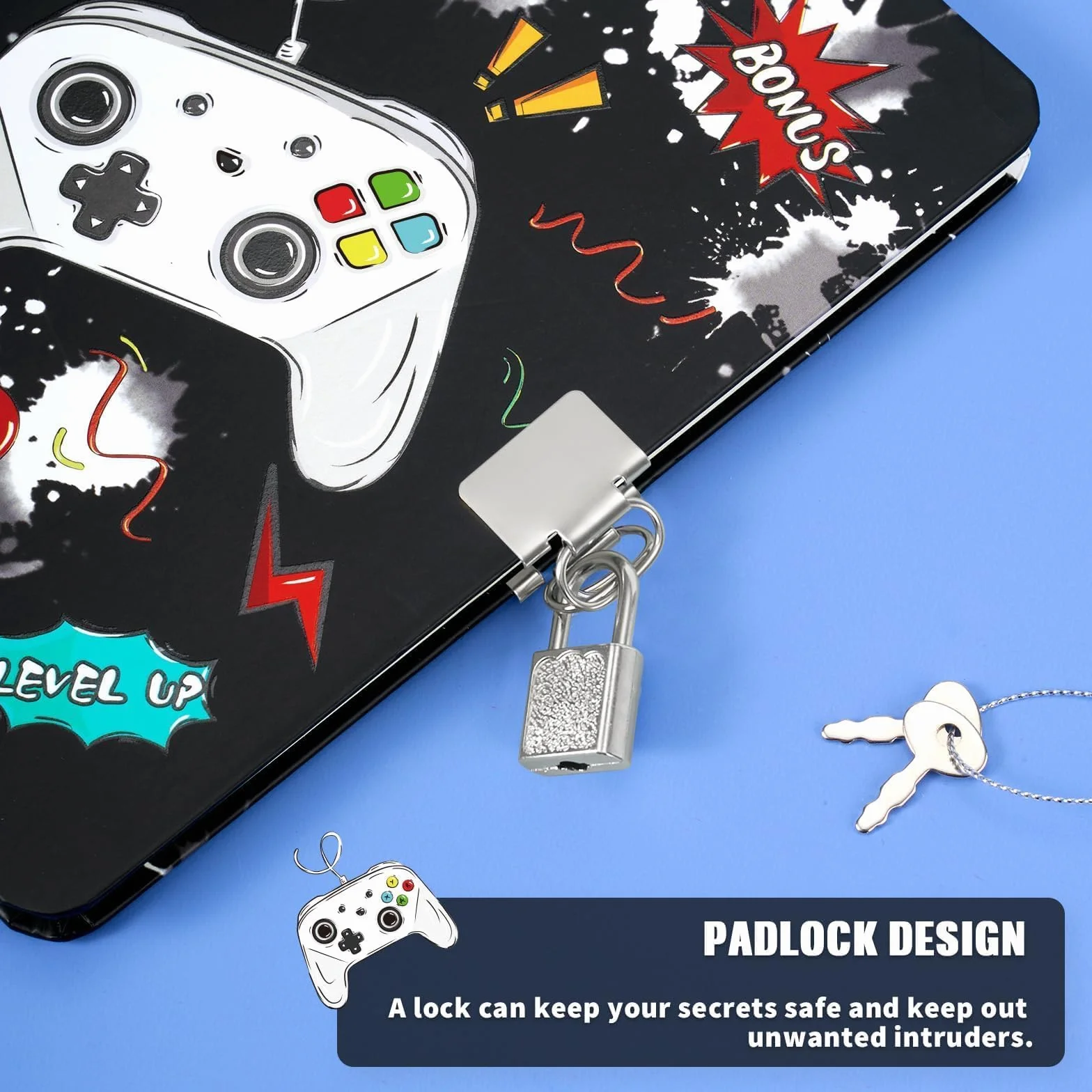 WERNNSAI Kit journal de jeu garçons - Journal lumineux enfants cadenas clés stylo autocollants carnet écriture ligné A5 jeux vidéo