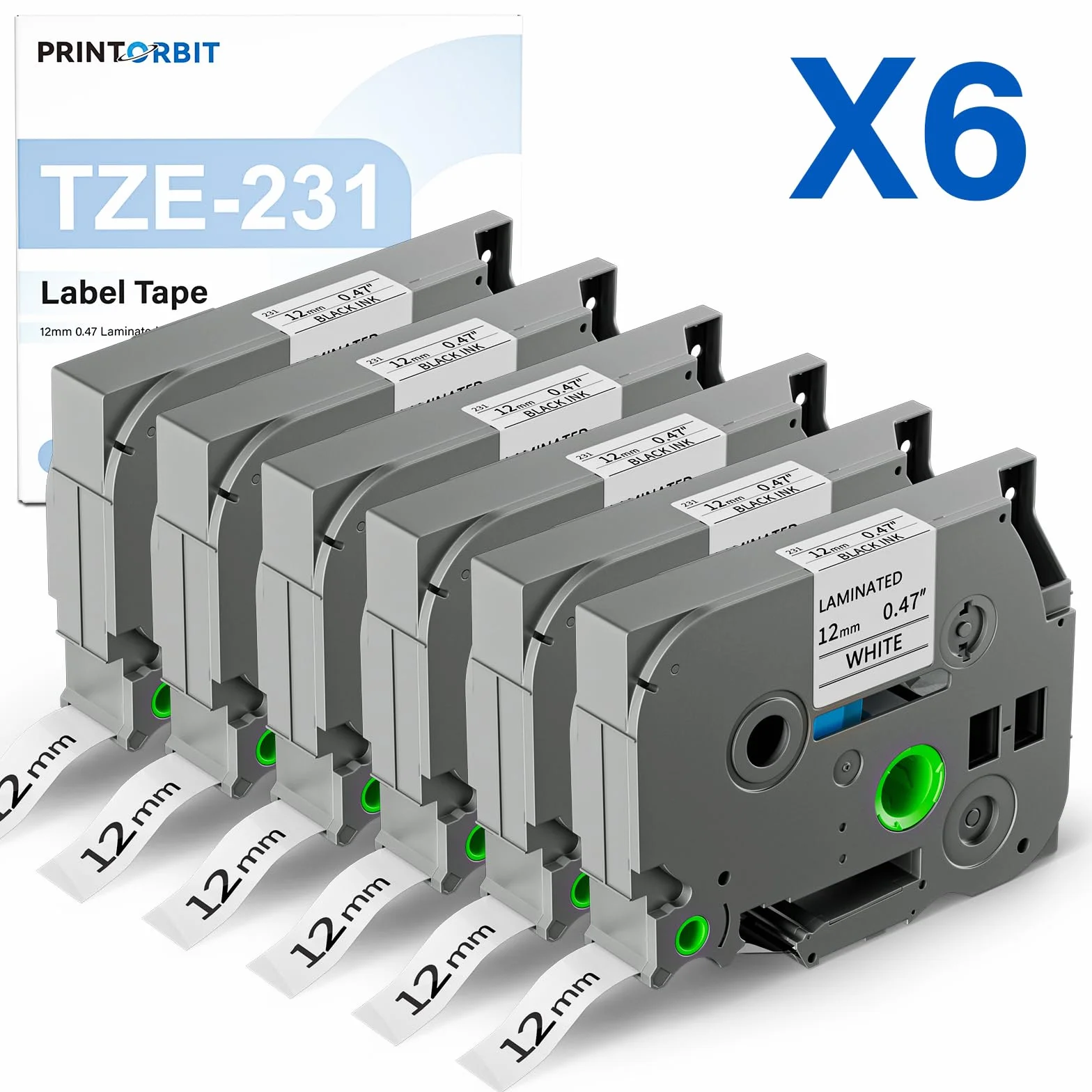 Brother P-touch Tze-231 12mm Ruban Laminé Noir sur Blanc Compatible