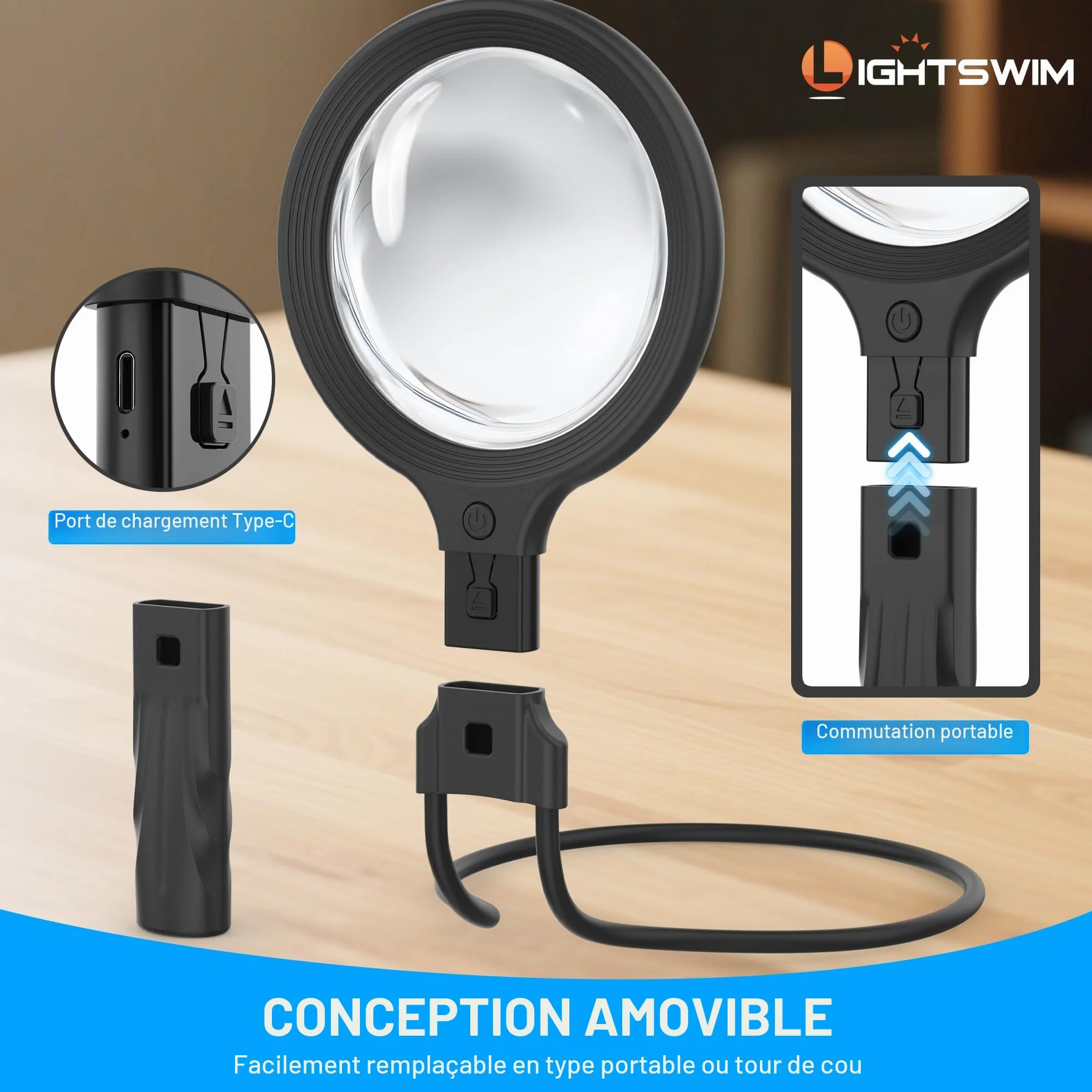 Loupe de cou 138 mm 5x avec lumière pour travaux rapprochés, comprend 2 lunettes grossissantes x10 avec étui