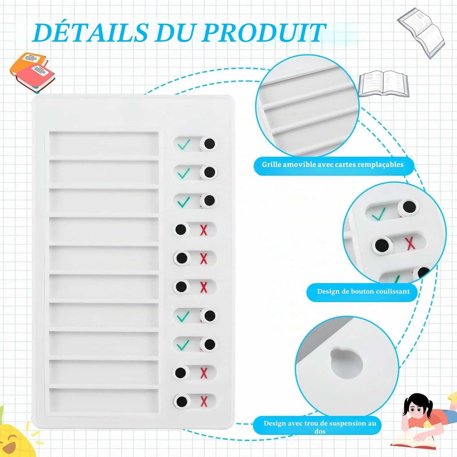 Tableau de mémo en plastique avec liste de contrôle réutilisable amovible et bloc-notes pour planification quotidienne des tâches