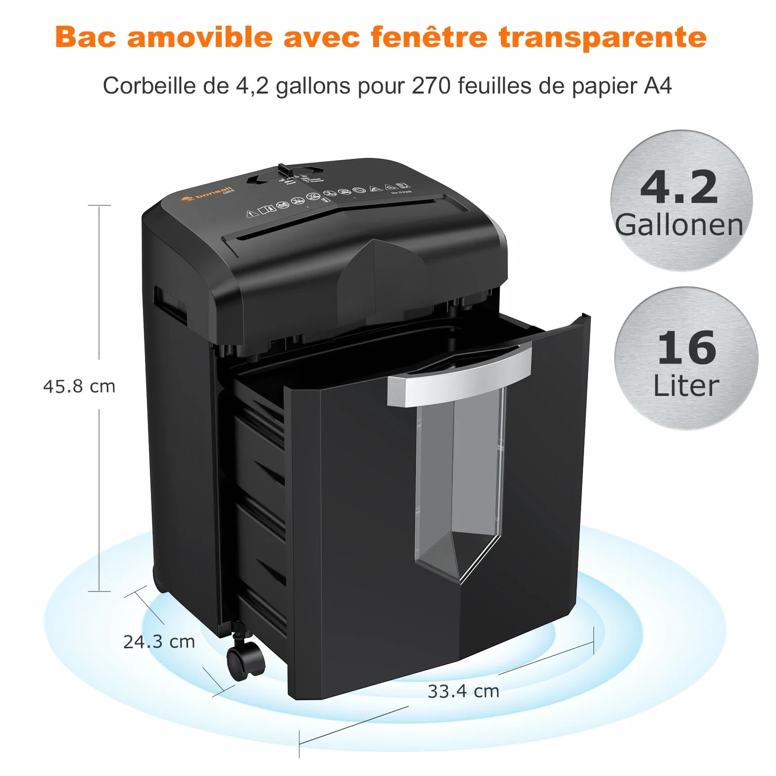 Bonsaii Destructeur de Documents 12 Feuilles Micro-Cut 60 Minutes 16 Litres C266-B