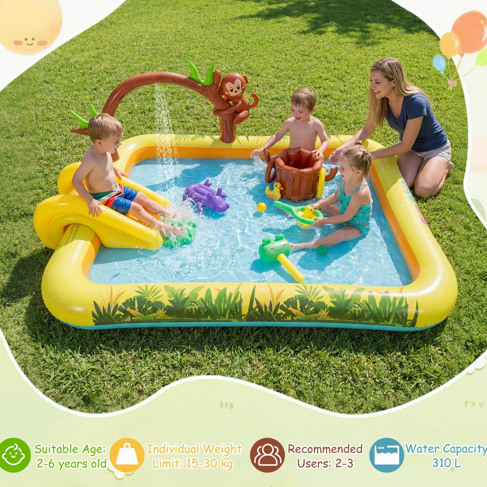 FANTASK Aire de Jeux Gonflable, Centre de Jeu Aquatique Jungle Adventure avec Toboggan, pataugeoire, Singe, arroseur et souche d'arbre, Piscine pour Enfants avec Accessoires, Parc Aquatique pour