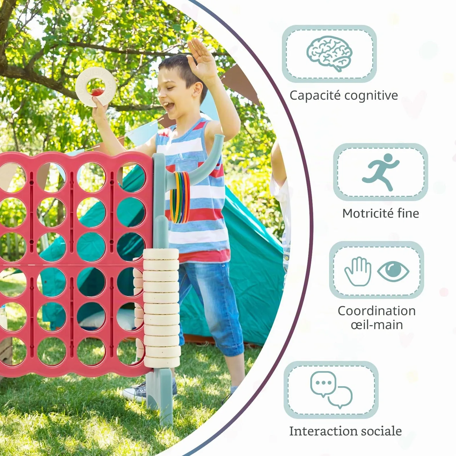 HOMASIS Jeu géant 4 Gagnants, Jeu 4 en 1 avec Panier de Basket & Lancer, Jeu de Stratégie avec 42 Anneaux, XXL Jeu de société Jouet pour Enfants & Adultes Extérieur