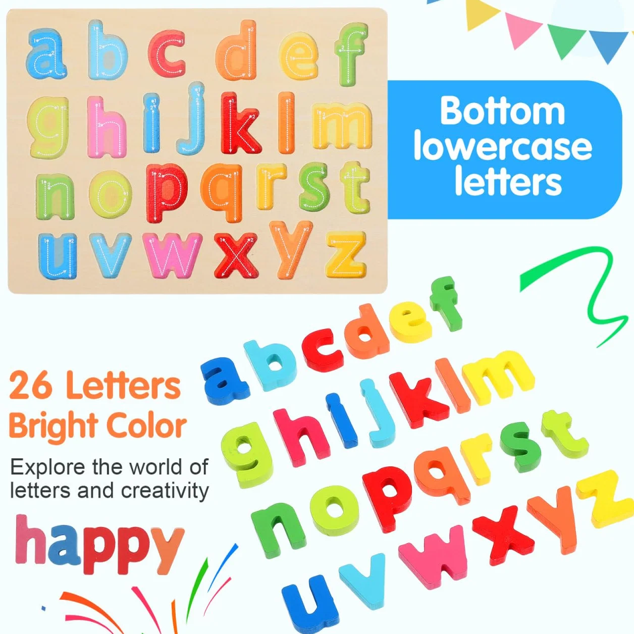 Toyvian Jeu de Puzzles Bois Alphabet Lettres Minuscules pour Garçon Fille Âge Préscolaire 3 Ans et Plus avec Lettres de A à Z Éducatif