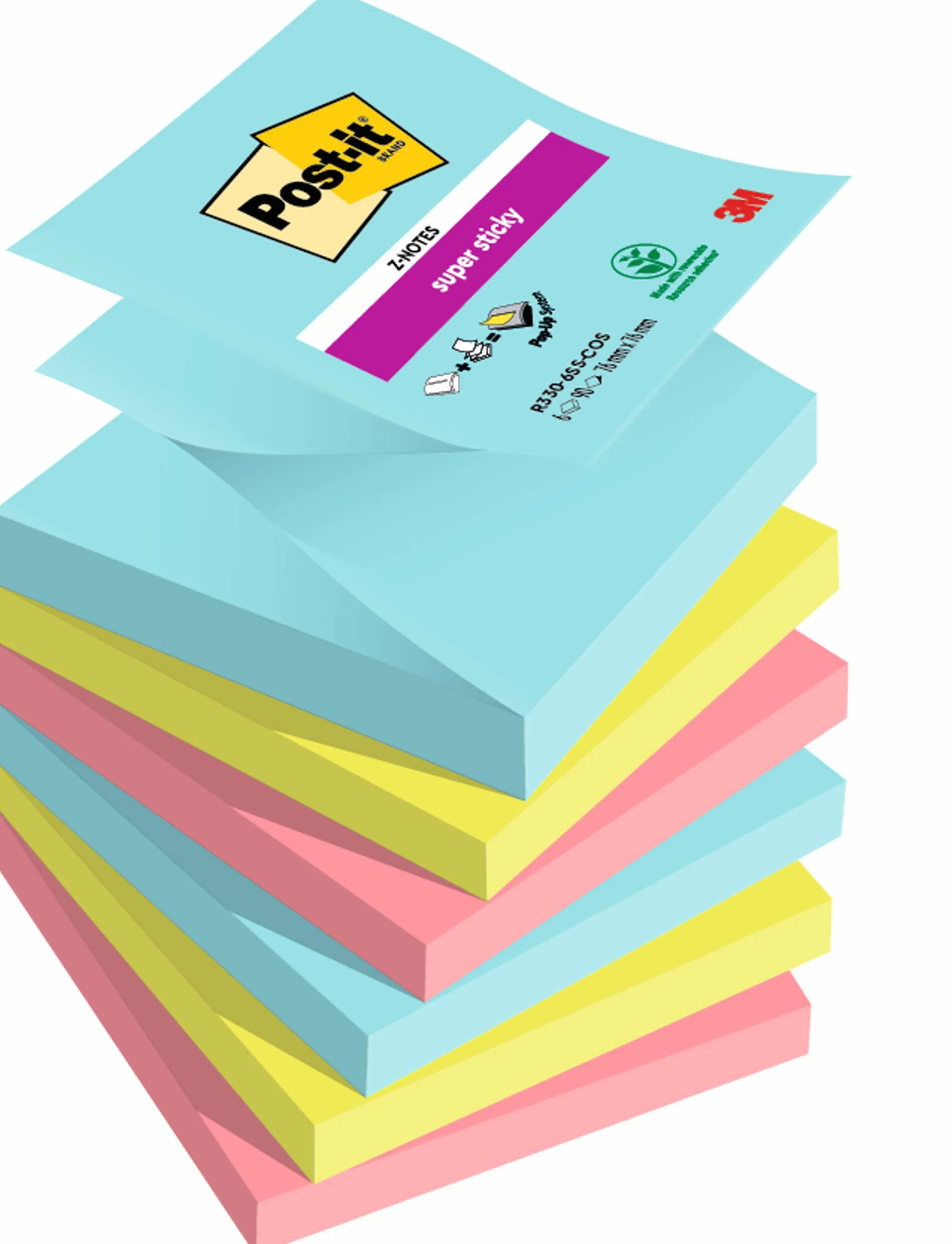 Post-it Z-Notes Autocollantes Super Sticky, 6 Blocs, 90 Feuilles, 76 mm x 76 mm
