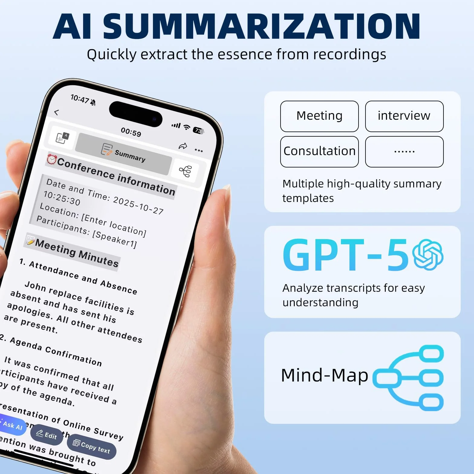 Enregistreur Vocal AI 64GB Professionnel Portable avec Transcription et Résumé, 256 Langues, Contrôle par Application
