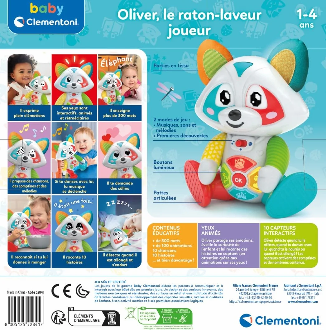 Clementoni Oliver Le Raton Laveur Joueur Interactif dès 2 Ans 3 Modes de Jeu Émotions Histoires Repas