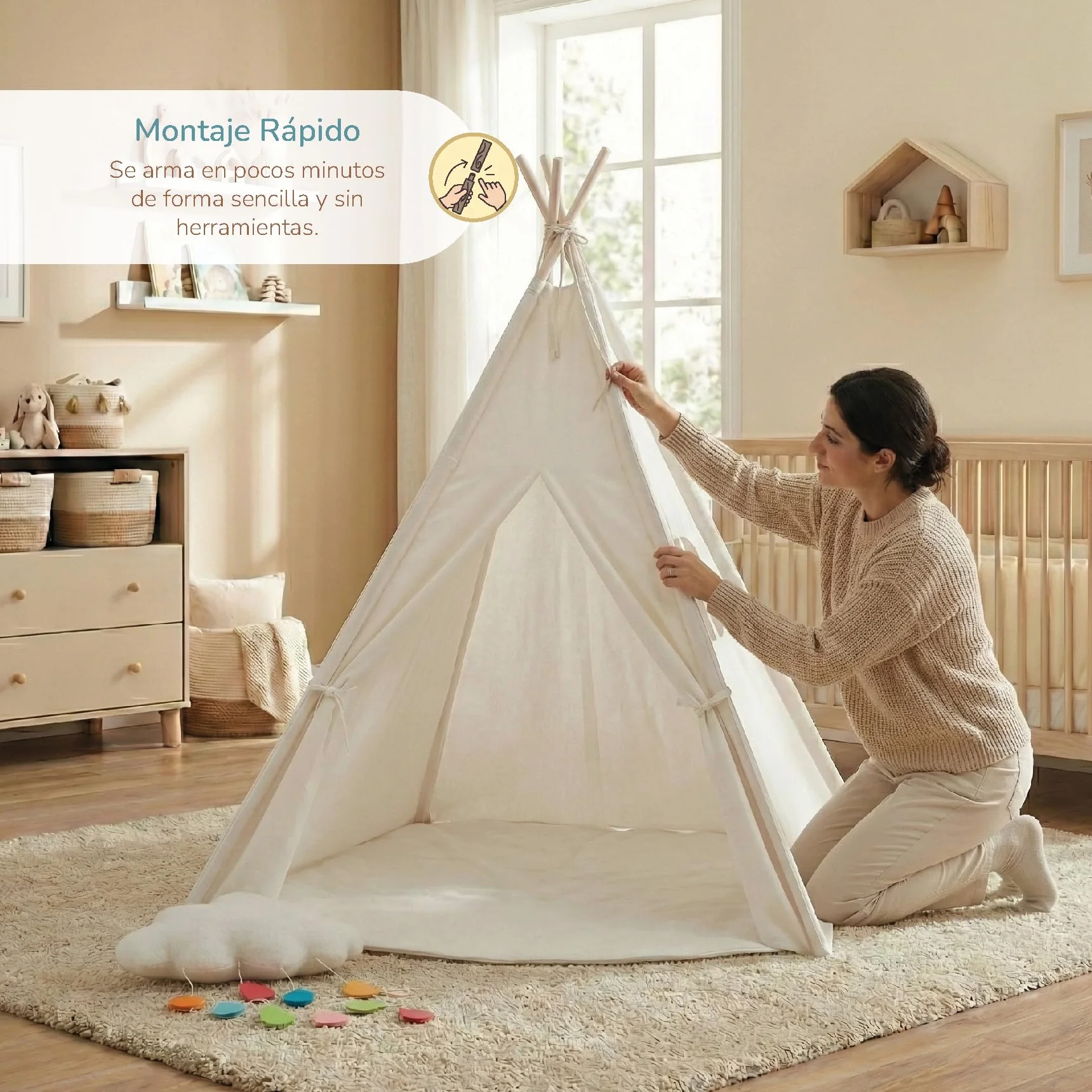 Buddy Baby Tipi Tente lit bébé avec lumières étoile et peluche nuage – Tapis sol rembourré jeu intérieur extérieur