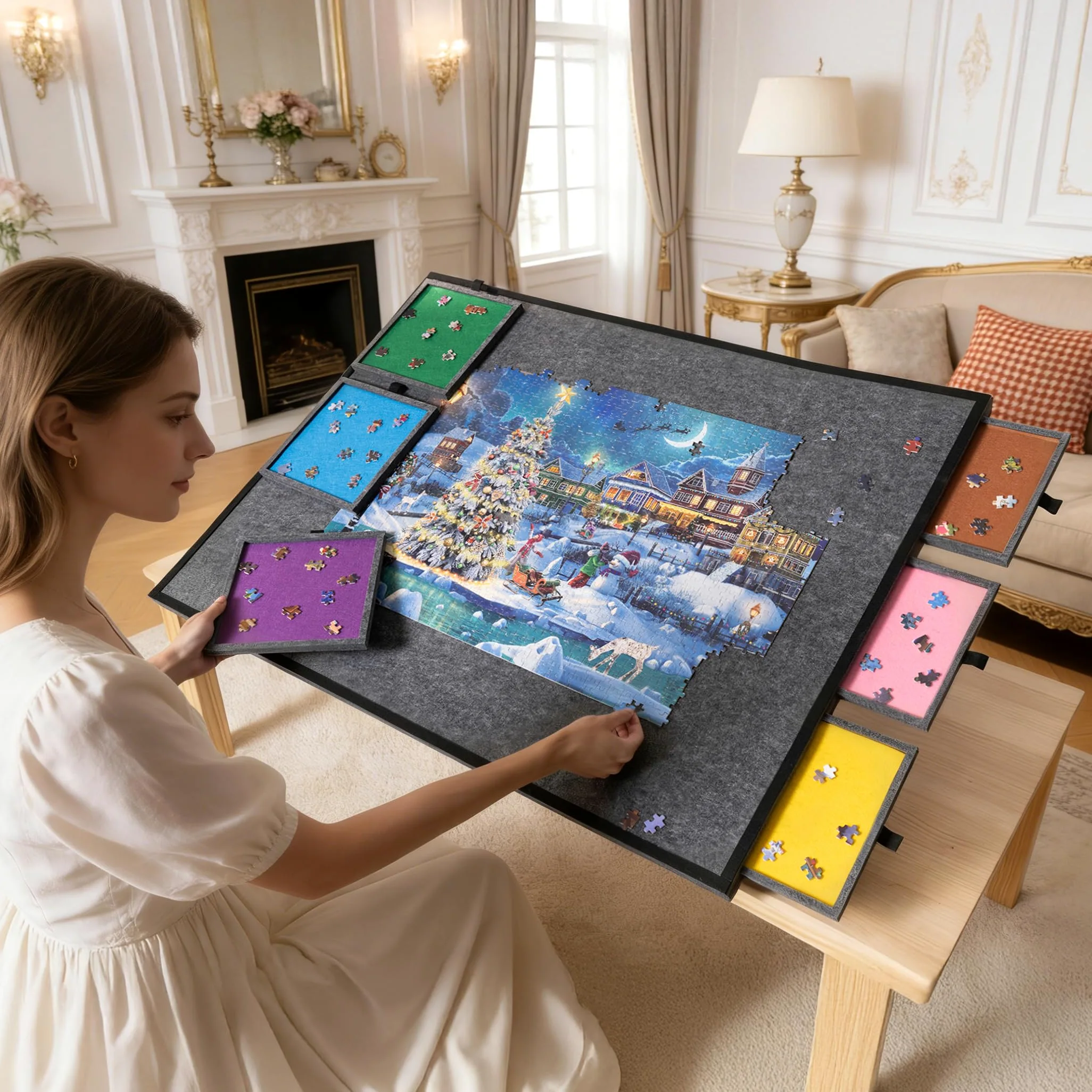 Planche à puzzle pliable et inclinable de 2000 pièces avec 6 tiroirs et couvercle, table de puzzle portable avec support intégré pour réglage de l'angle, pour puzzle de 2000, 1500 et 1000