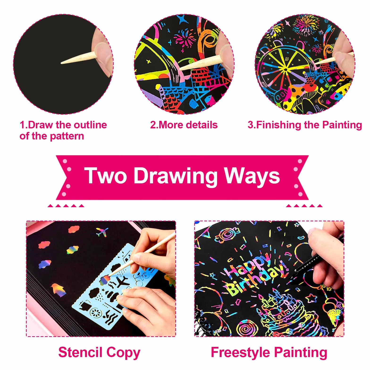 Carte à Gratter Enfant 12 Pack Notes Arc-en-ciel Livre d'Art à Gratter avec Stylo Bambou